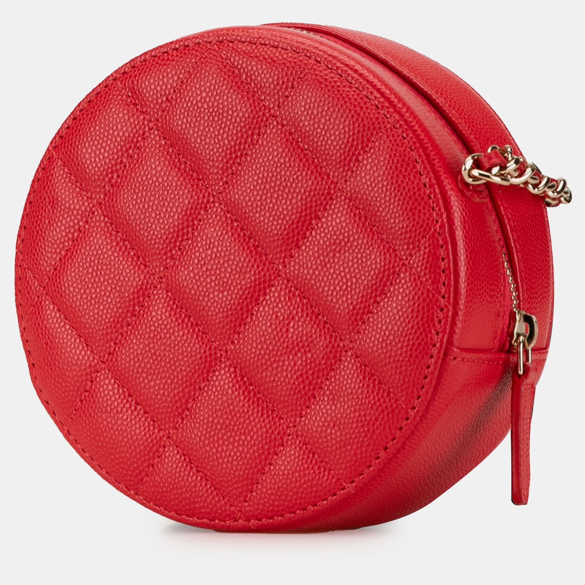 Chanel Red Caviar Leather Quilted Round Clutch With Chain