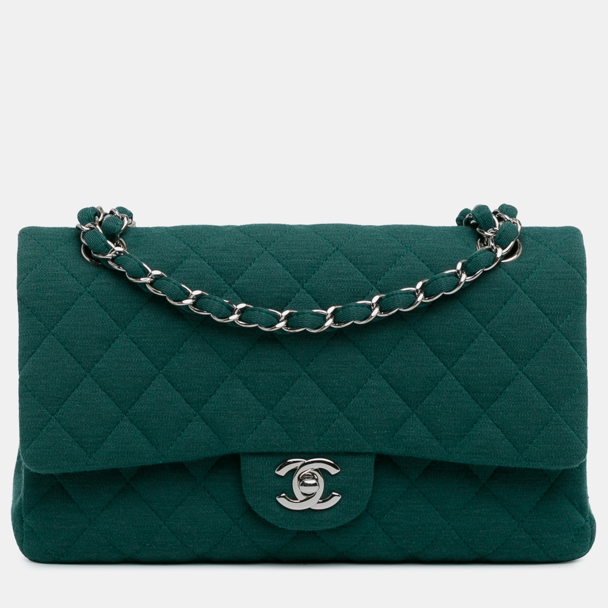 Chanel Green Cotton Medium Classic Jersey Double Flap Bag