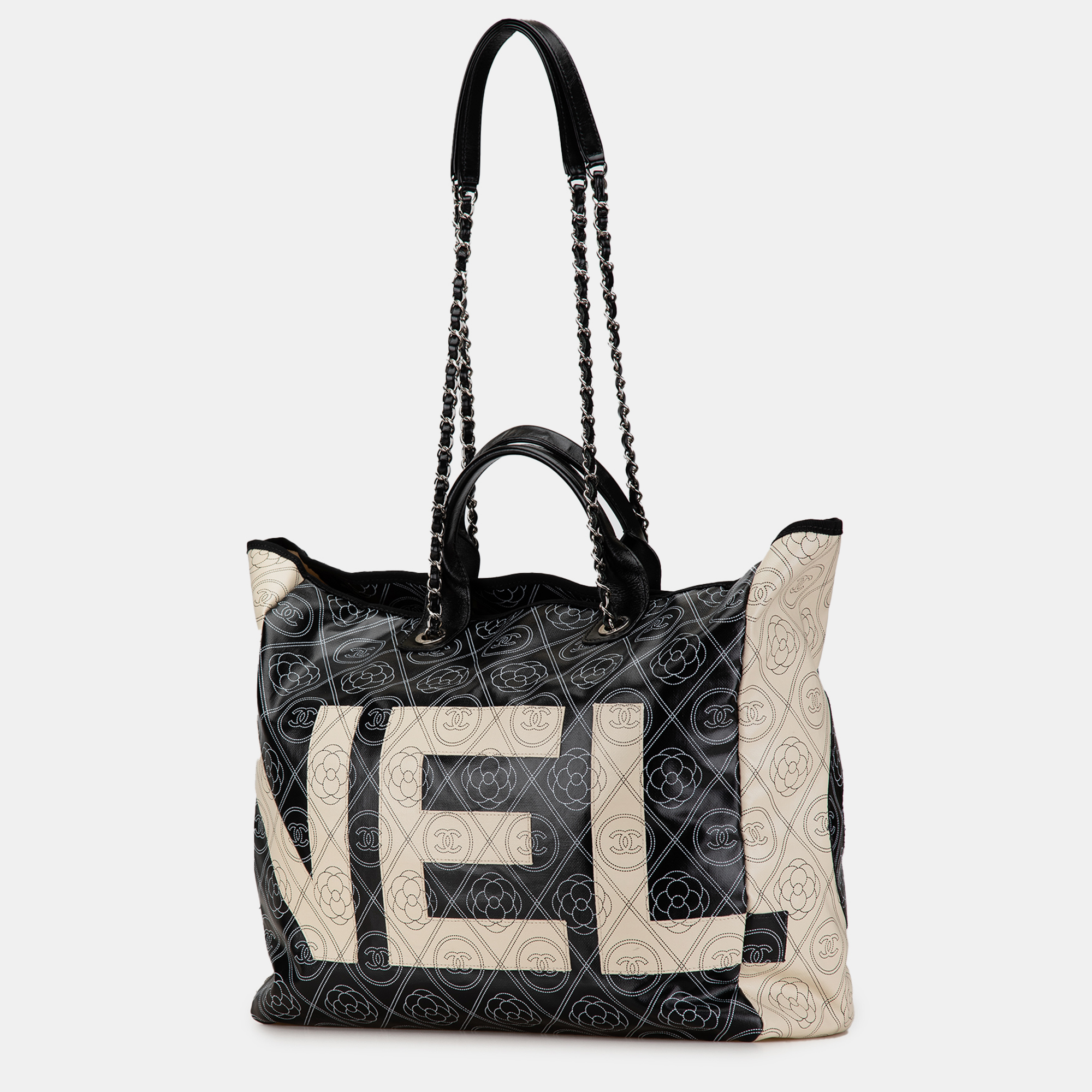 Chanel Light Beige/Black Coated Canvas Camellia Logo Deauville Shopping Tote Bag