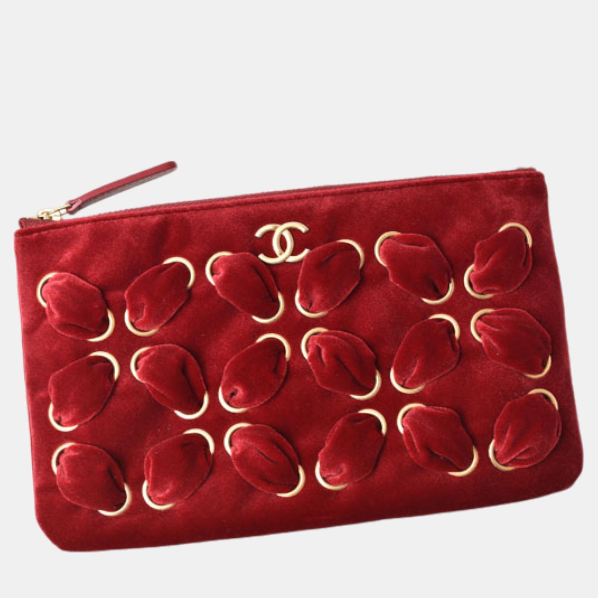 Chanel Red Velvet Embellished Clutch Bag