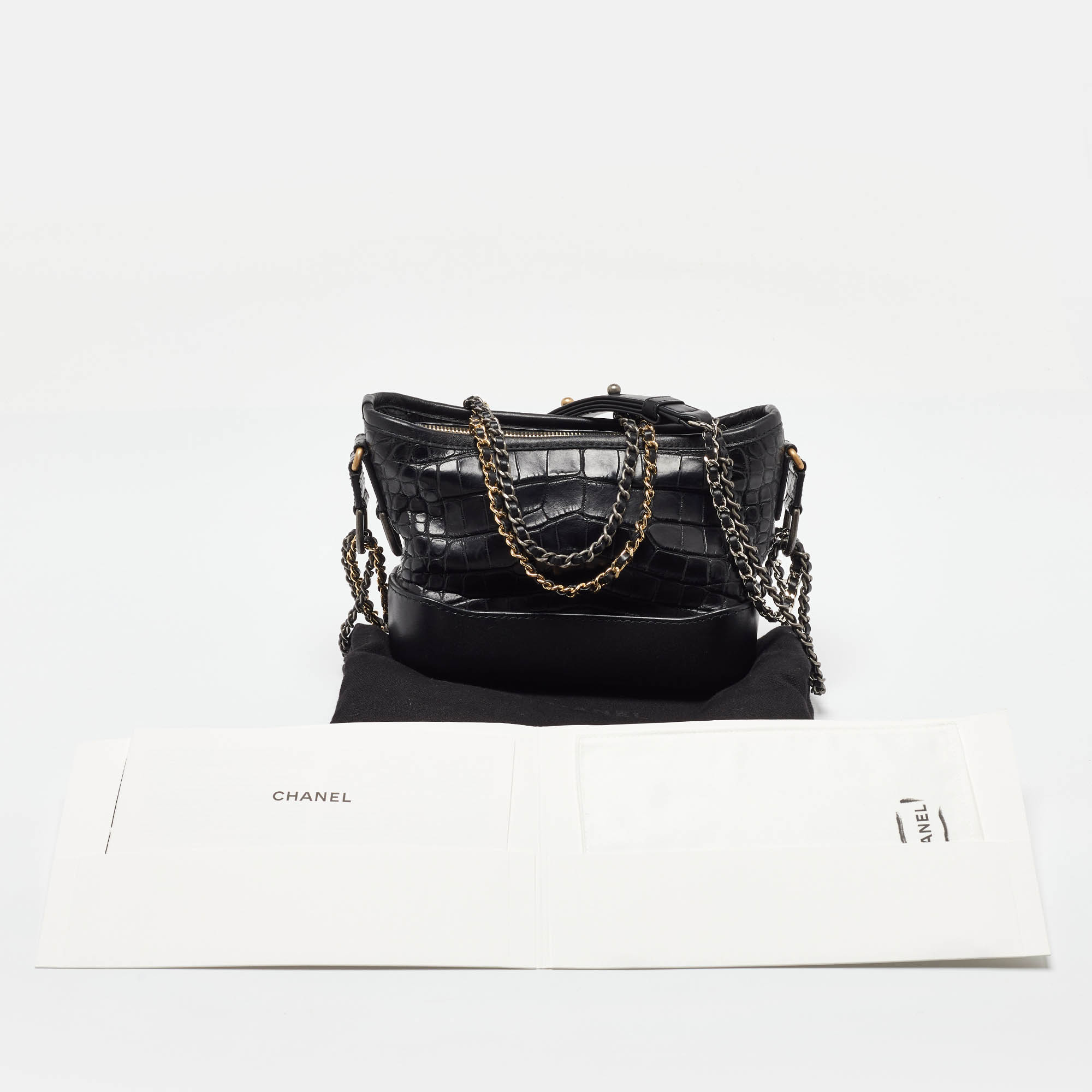 Chanel Black Leather And Crocodile CC Gabrielle Small Hobo