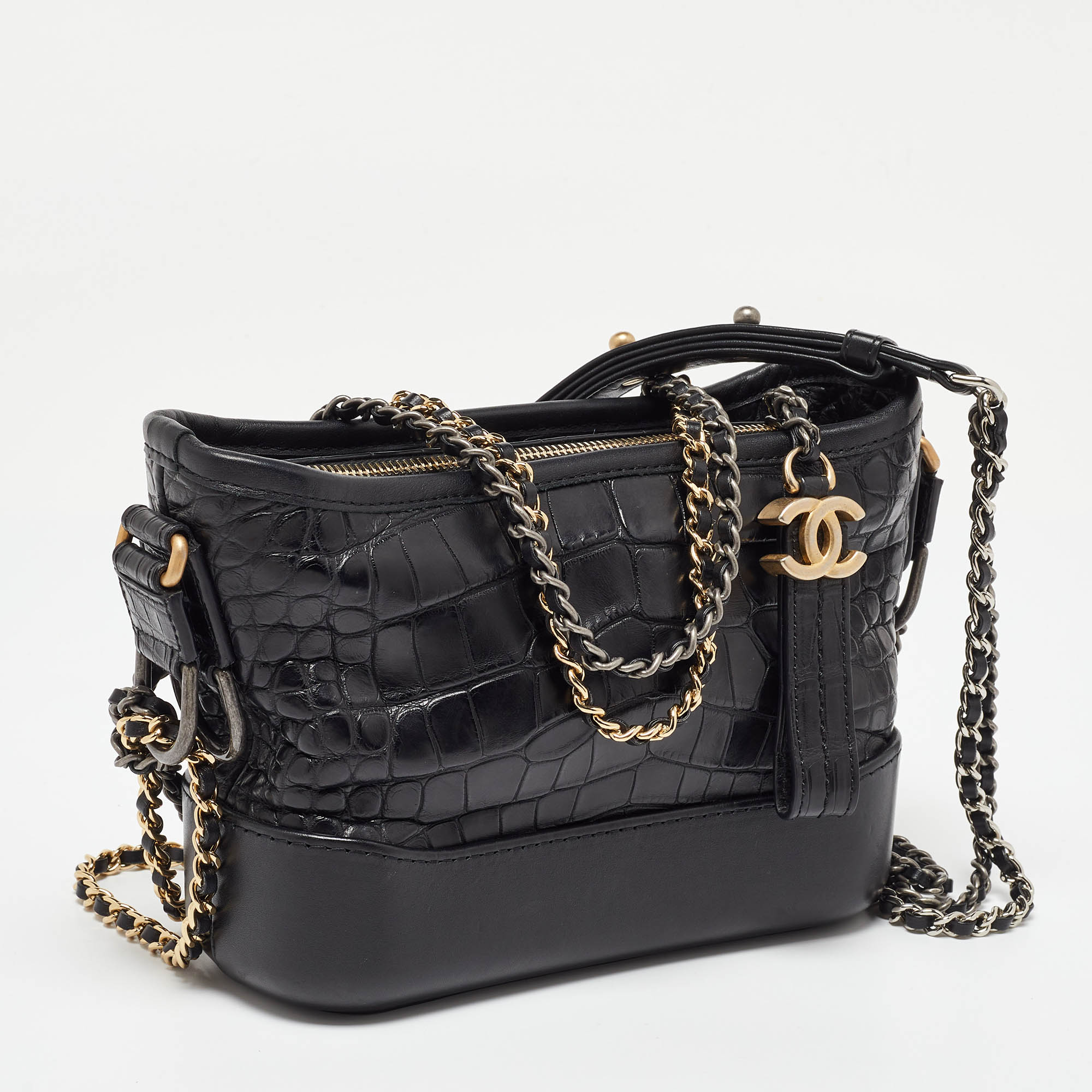 Chanel Black Leather And Crocodile CC Gabrielle Small Hobo