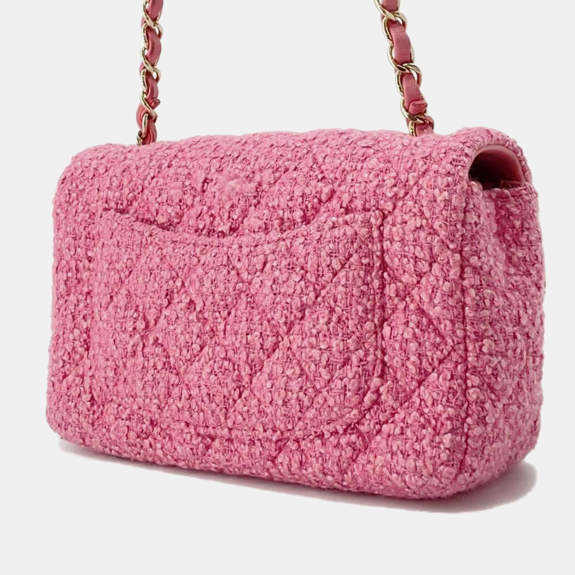 Chanel Pink Tweed Mini Matelasse Chain Shoulder Bag