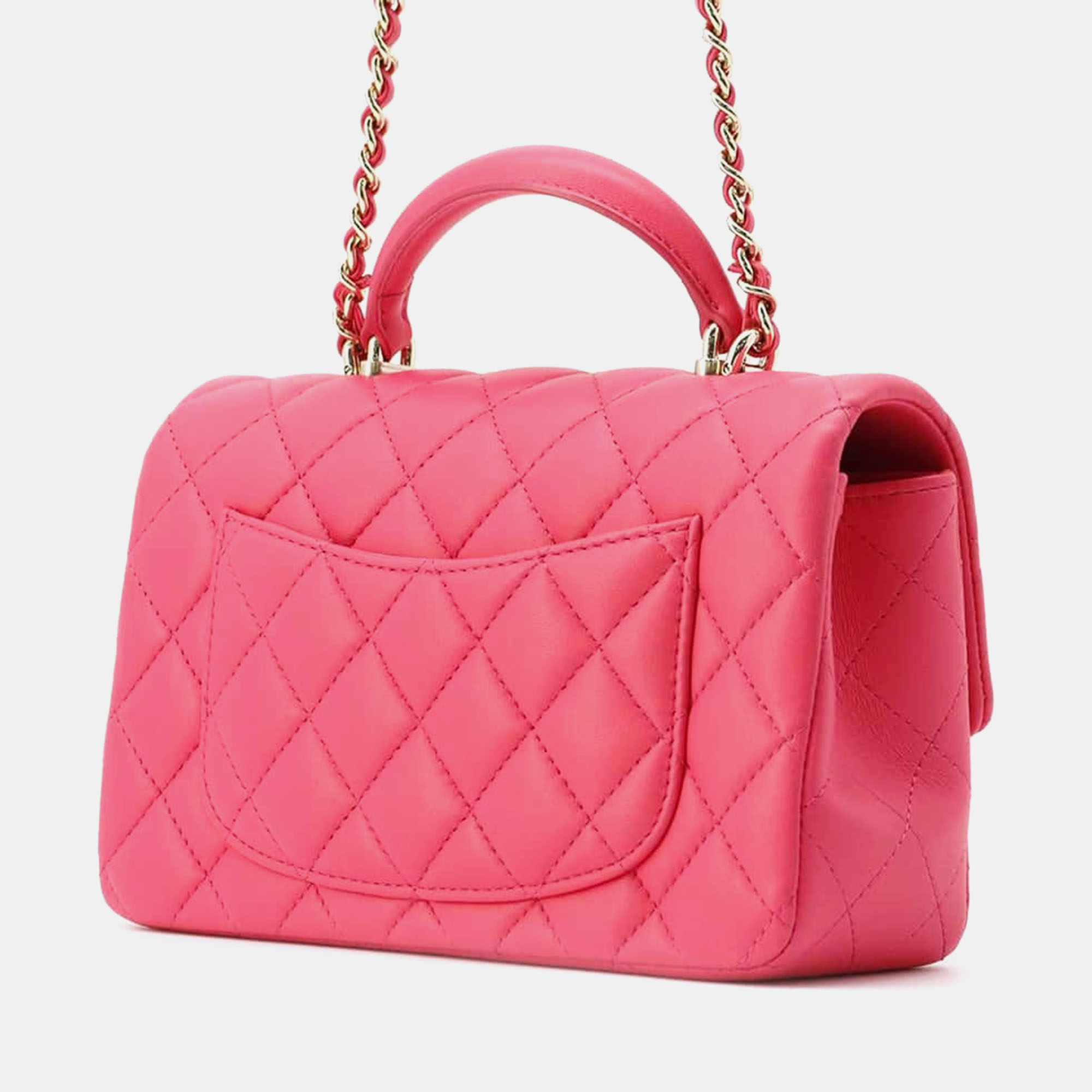 Chanel Pink Lambskin Top Handle Mini Flap Bag Size 20