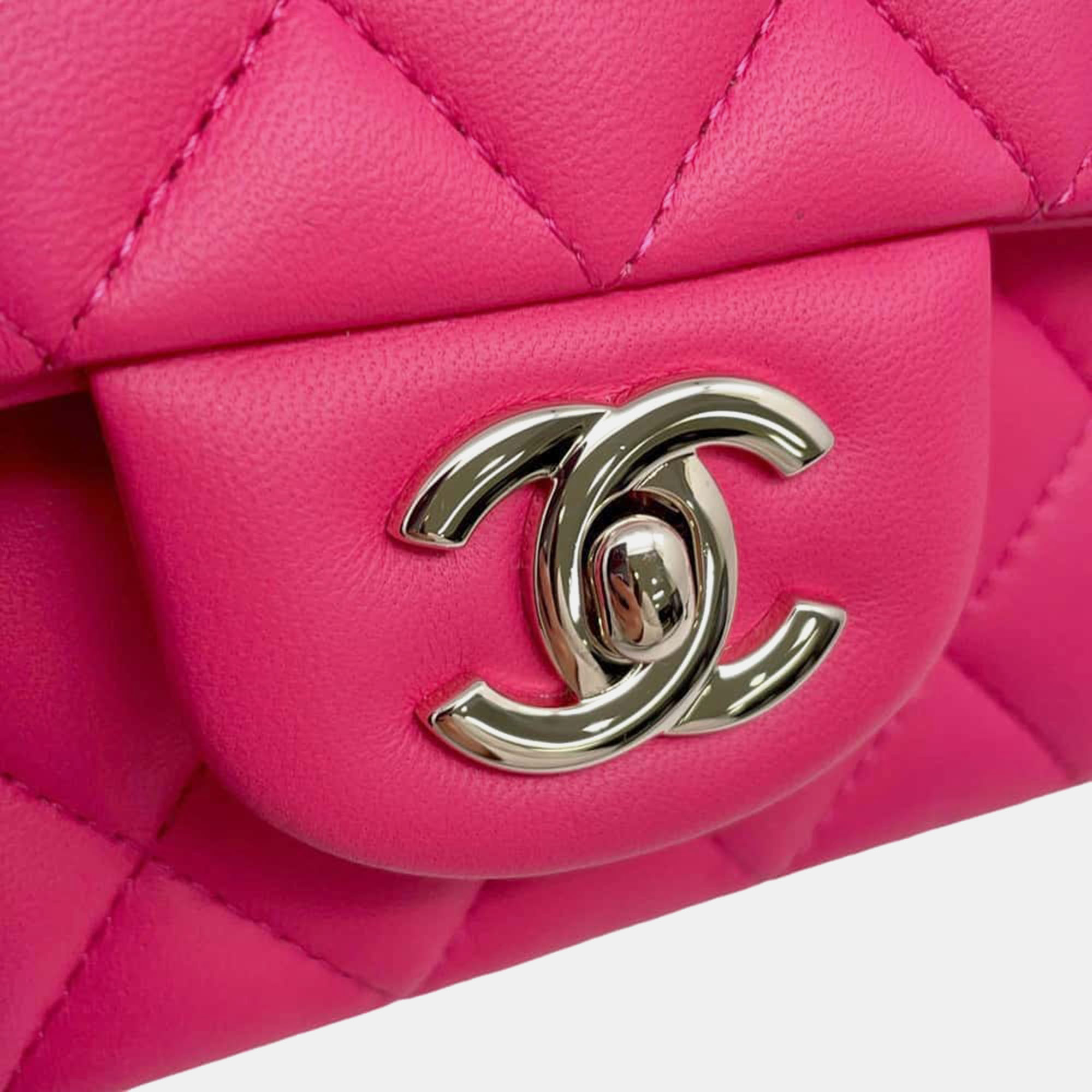 Chanel Pink Lambskin Top Handle Mini Flap Bag Size 20