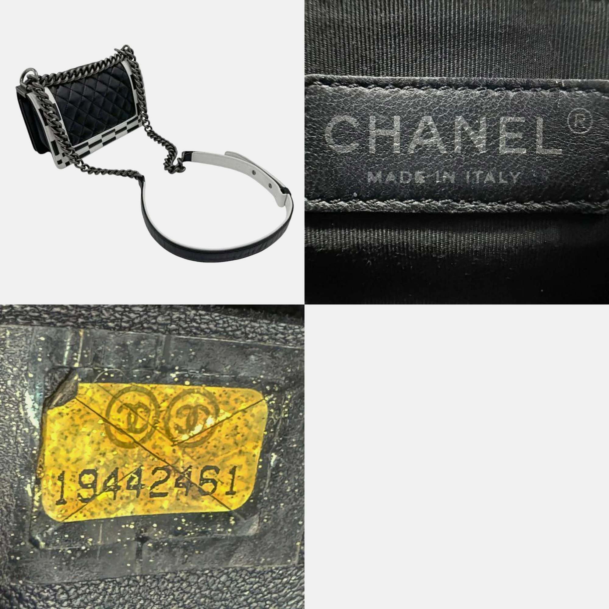 Chanel Black White Leather Boy Shoulder Bag