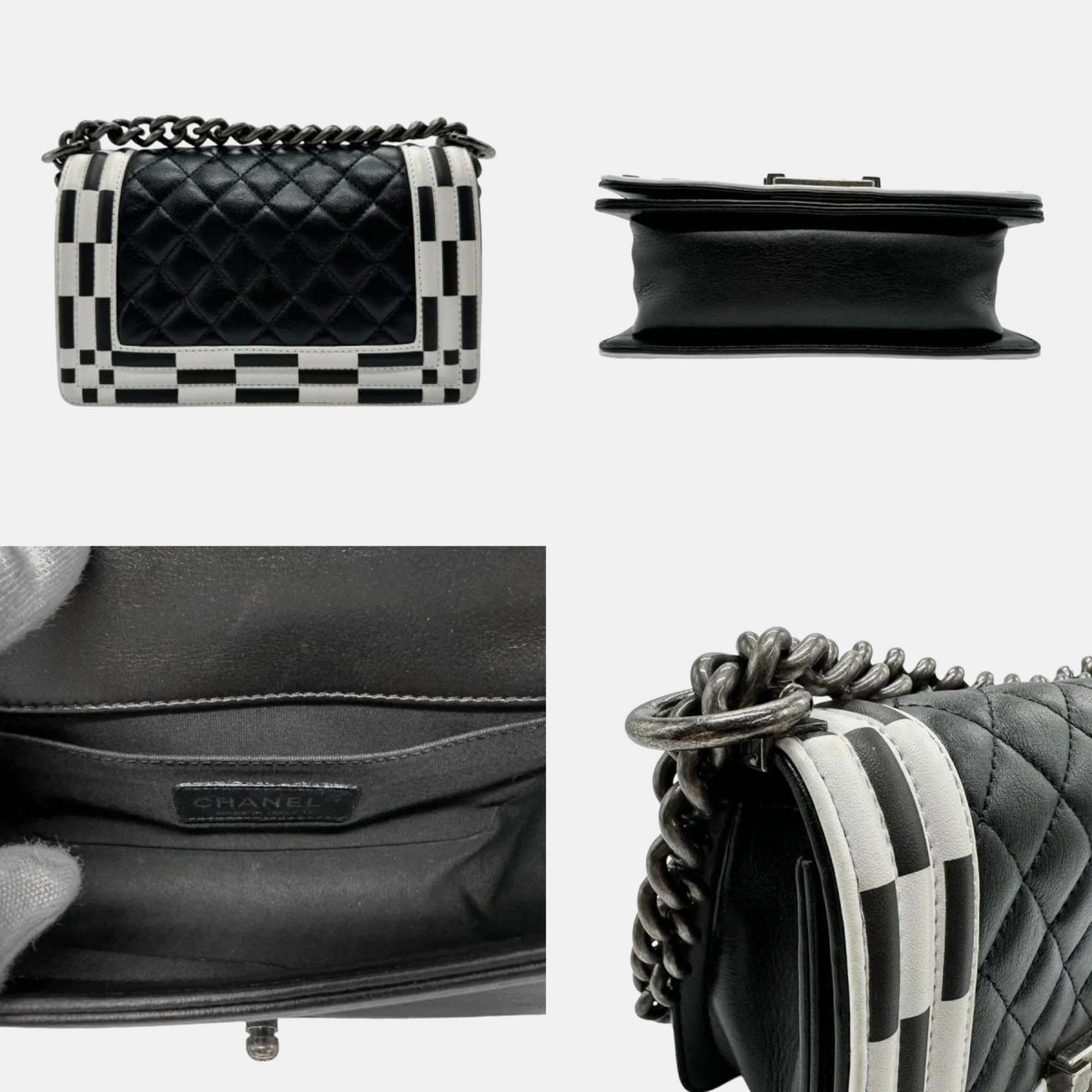 Chanel Black White Leather Boy Shoulder Bag