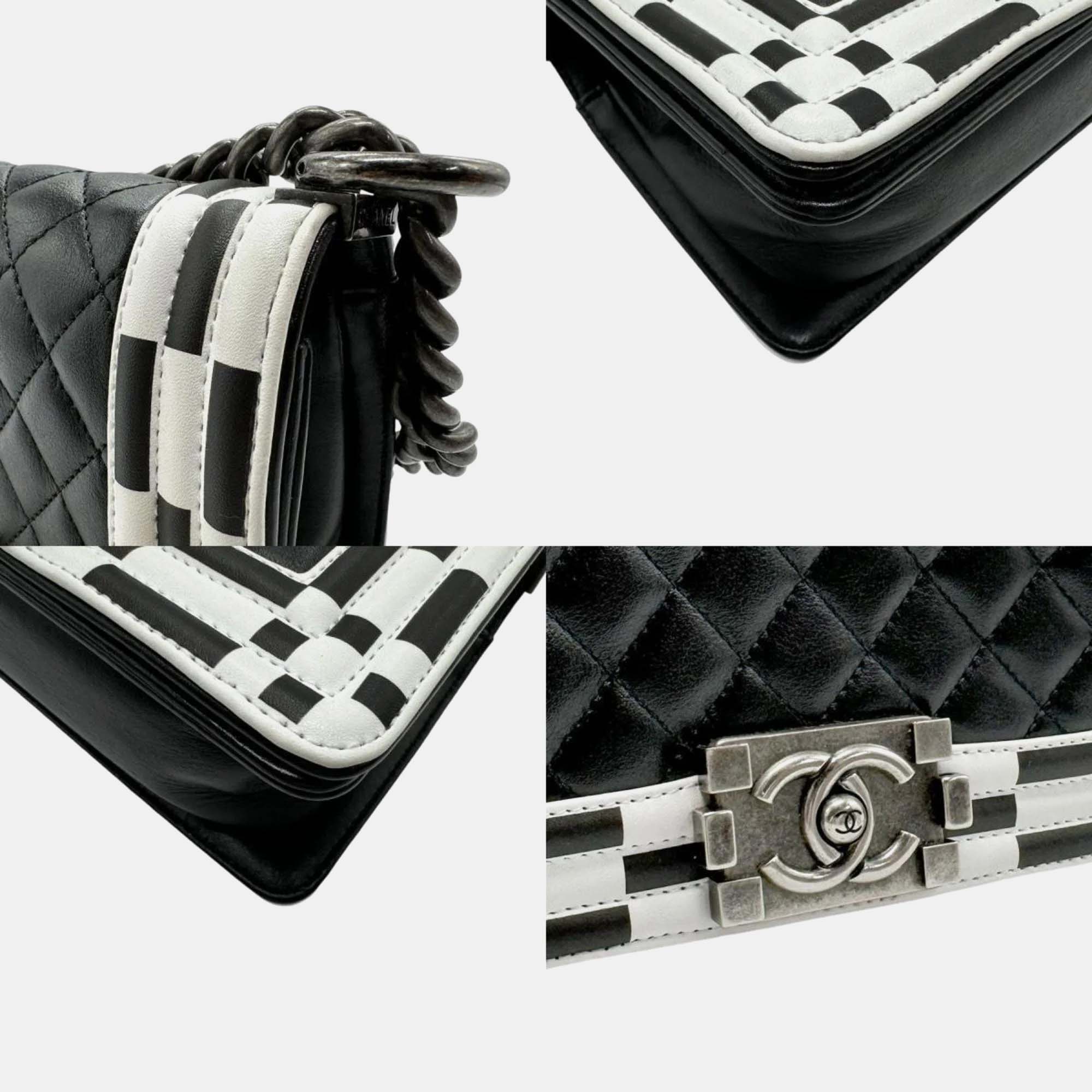 Chanel Black White Leather Boy Shoulder Bag