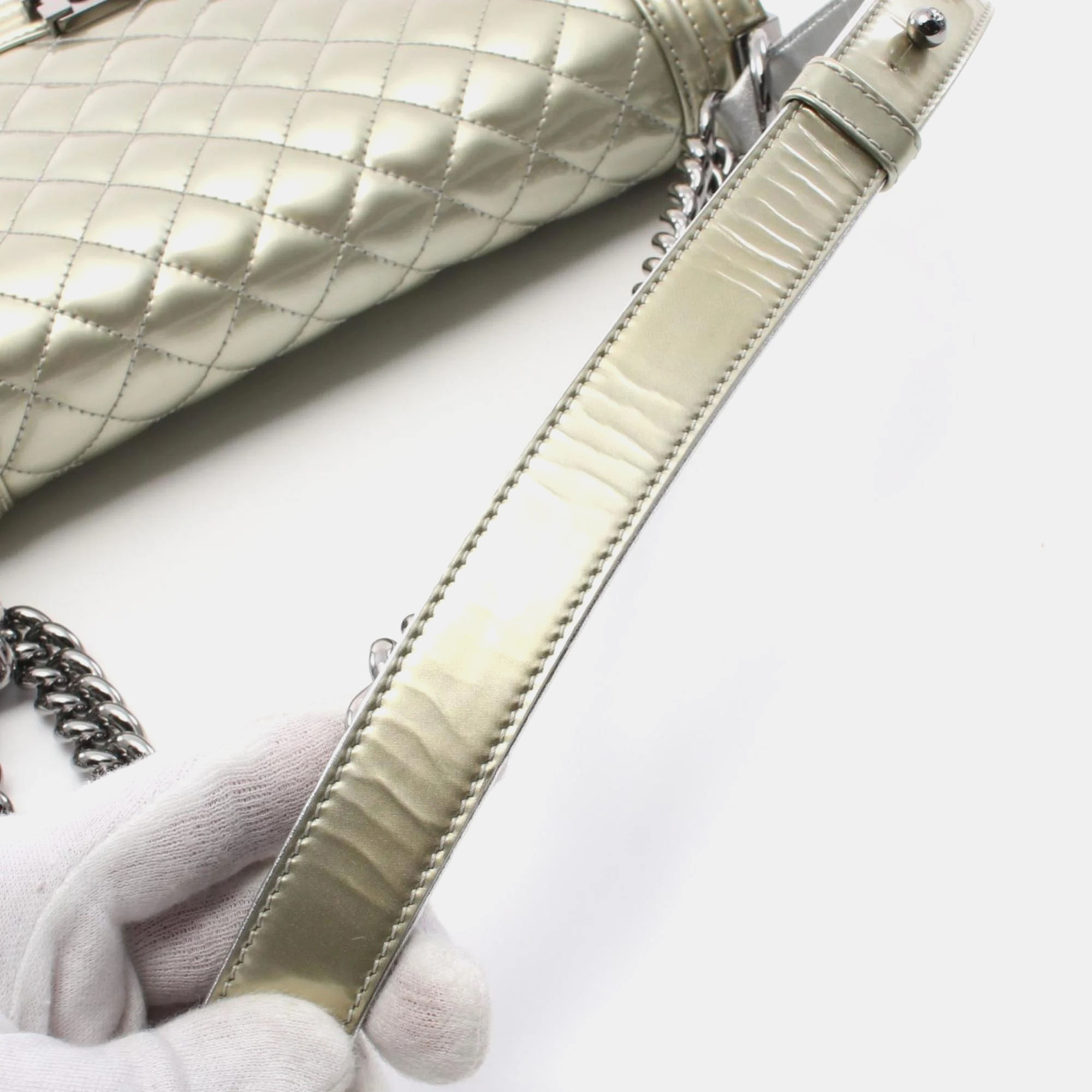 Chanel Green Silver Patent Leather Boy Chanel Matelasse Shoulder Bag