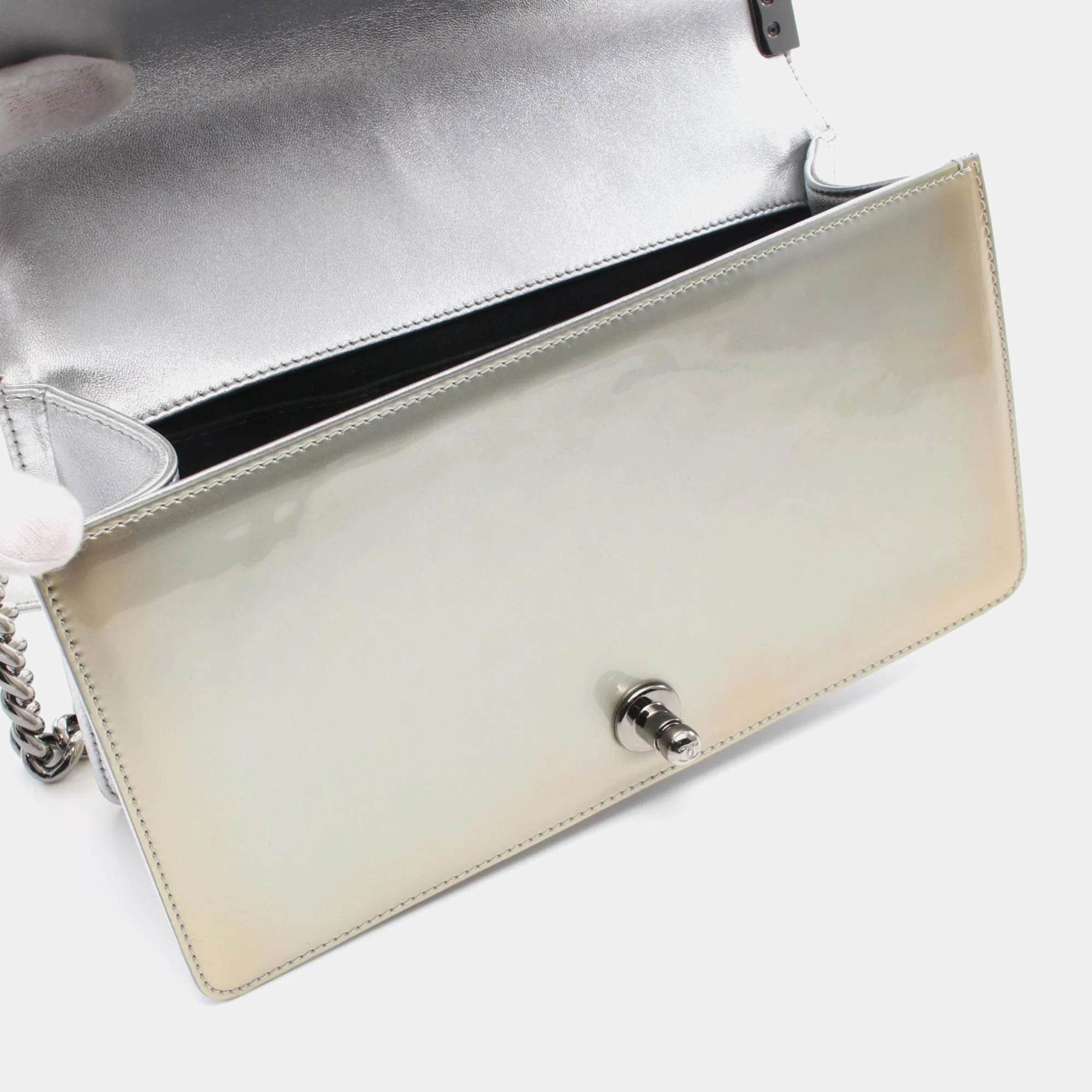 Chanel Green Silver Patent Leather Boy Chanel Matelasse Shoulder Bag