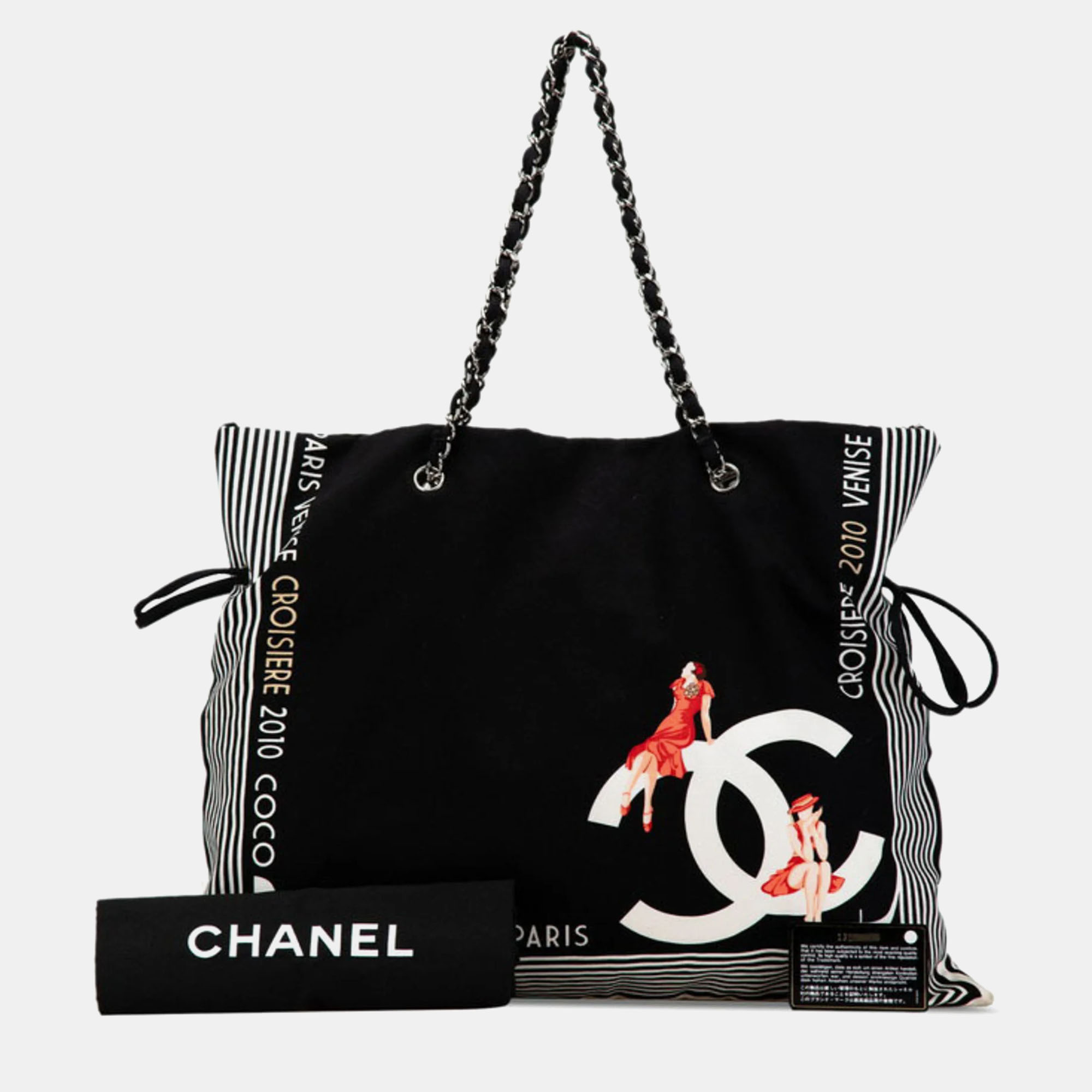 Chanel Black White Canvas Cruise Line Chain Tote Bag