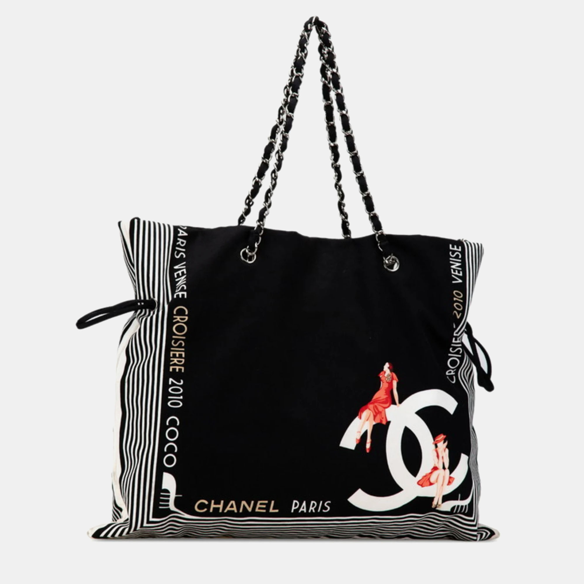 Chanel Black White Canvas Cruise Line Chain Tote Bag