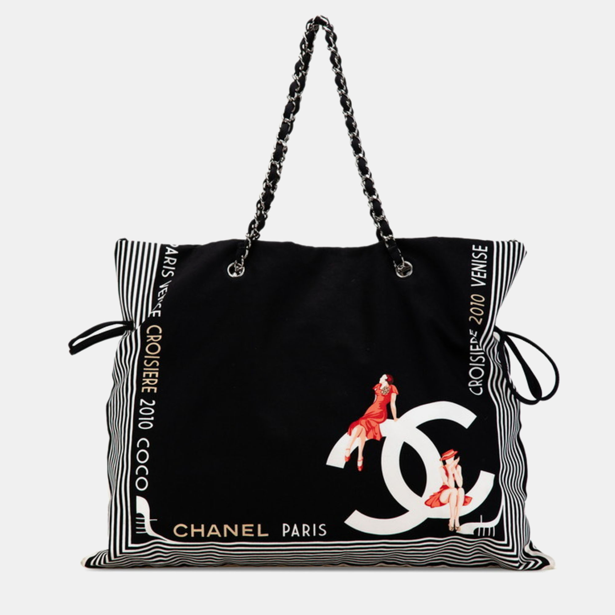 Chanel Black White Canvas Cruise Line Chain Tote Bag