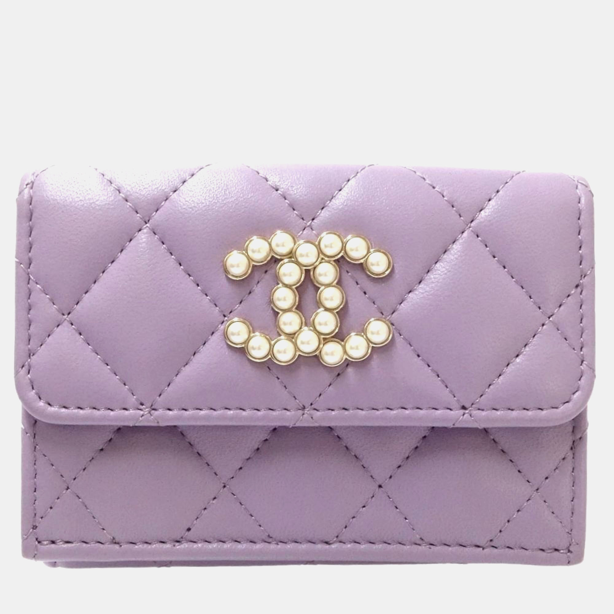 Chanel Light Purple Matelasse Small Flap CC Pearl Coco Mark Bi-fold Wallet