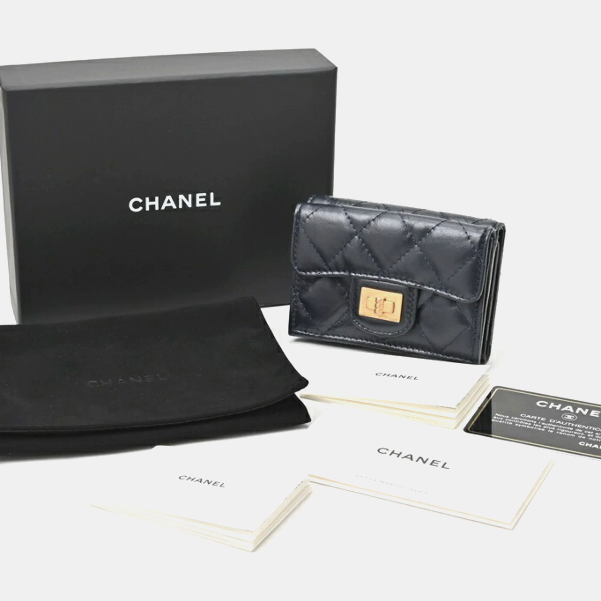 Chanel Navy Lambskin Matelasse 2.55 Small Flap Tri-fold  Wallet