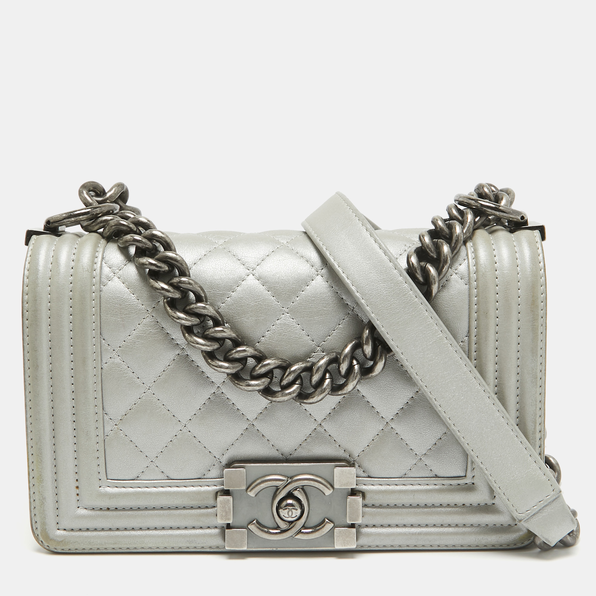 Chanel Grey Quilted Leather Mini Boy Flap Bag