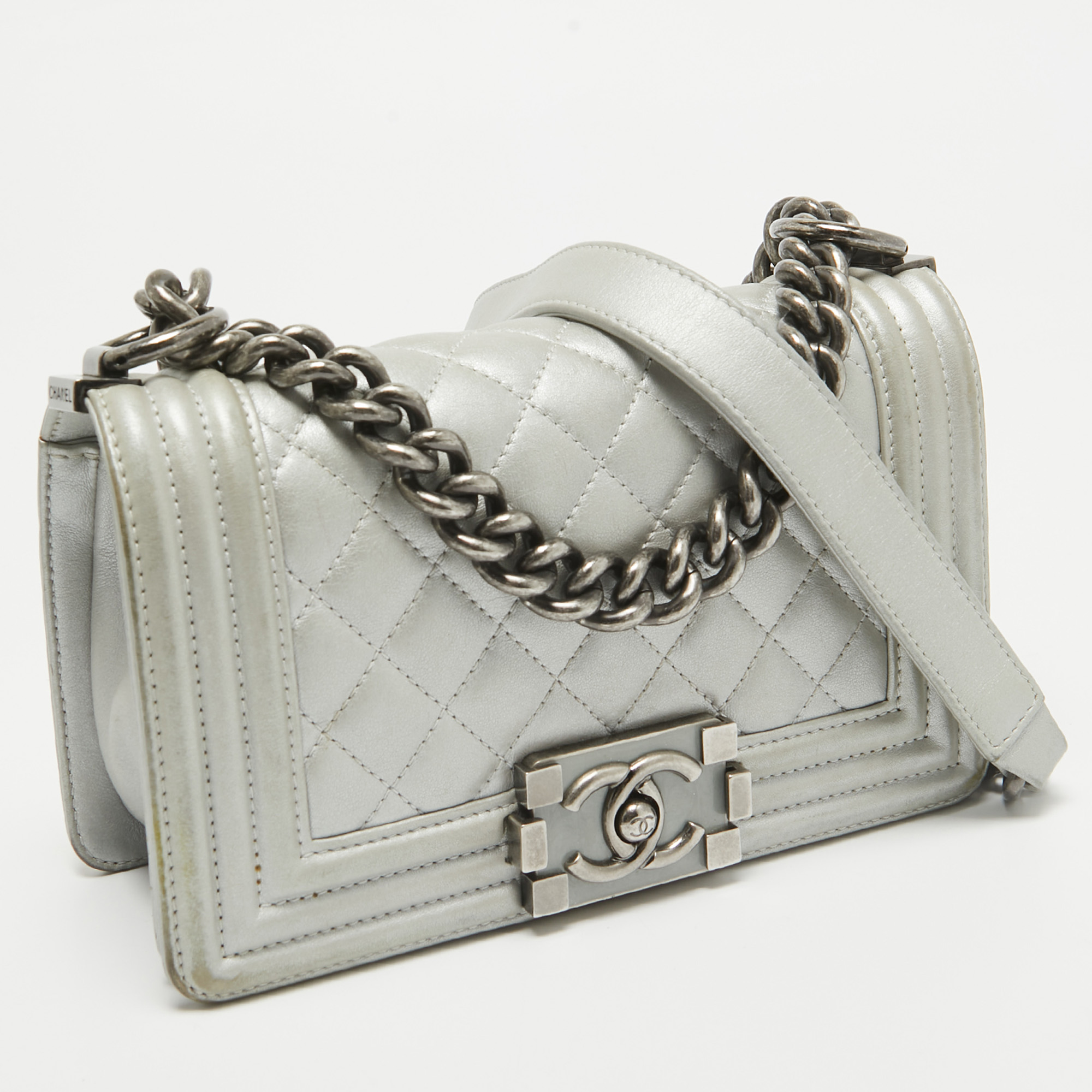 Chanel Grey Quilted Leather Mini Boy Flap Bag