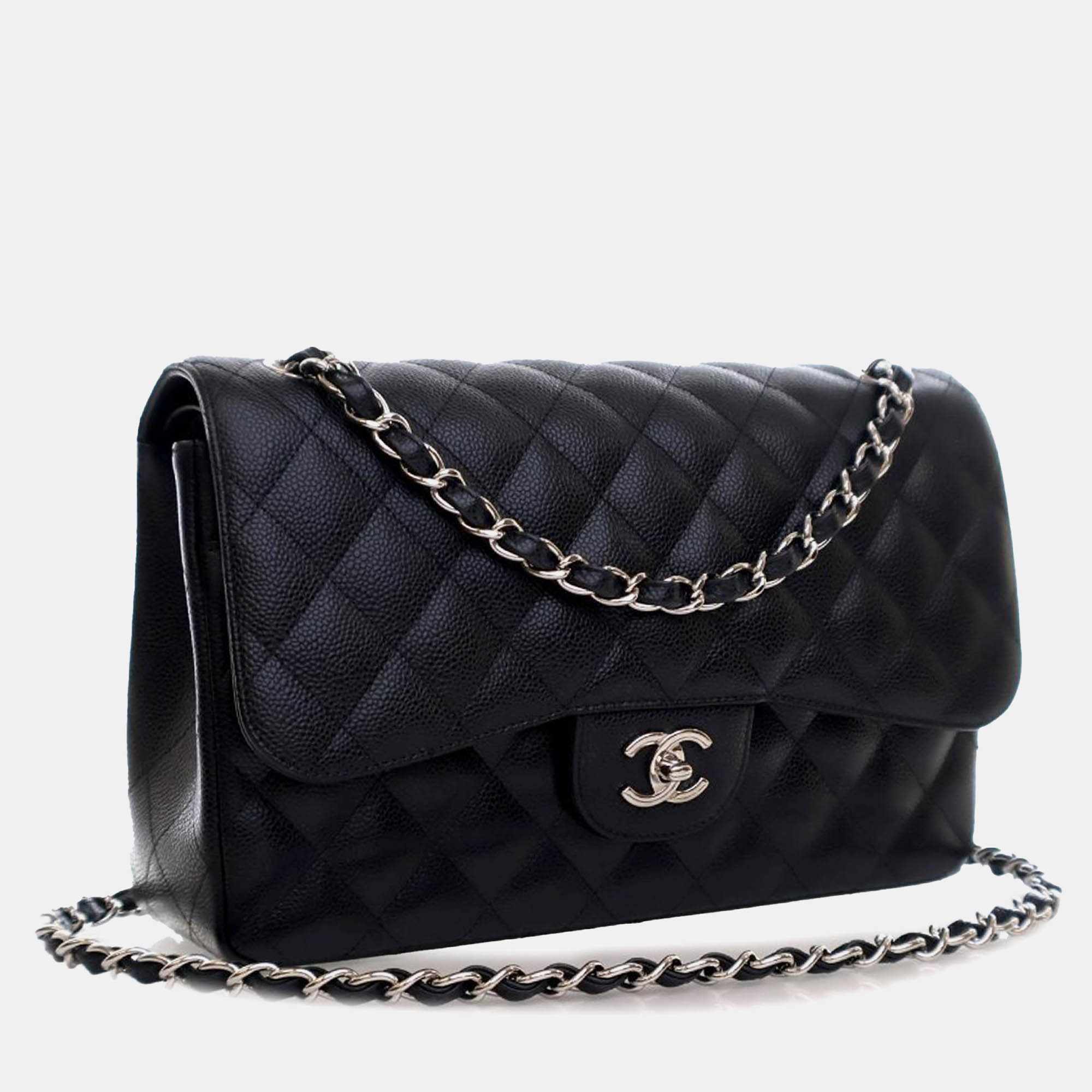 Chanel Black Leather Jumbo Classic Caviar Double Flap Bag