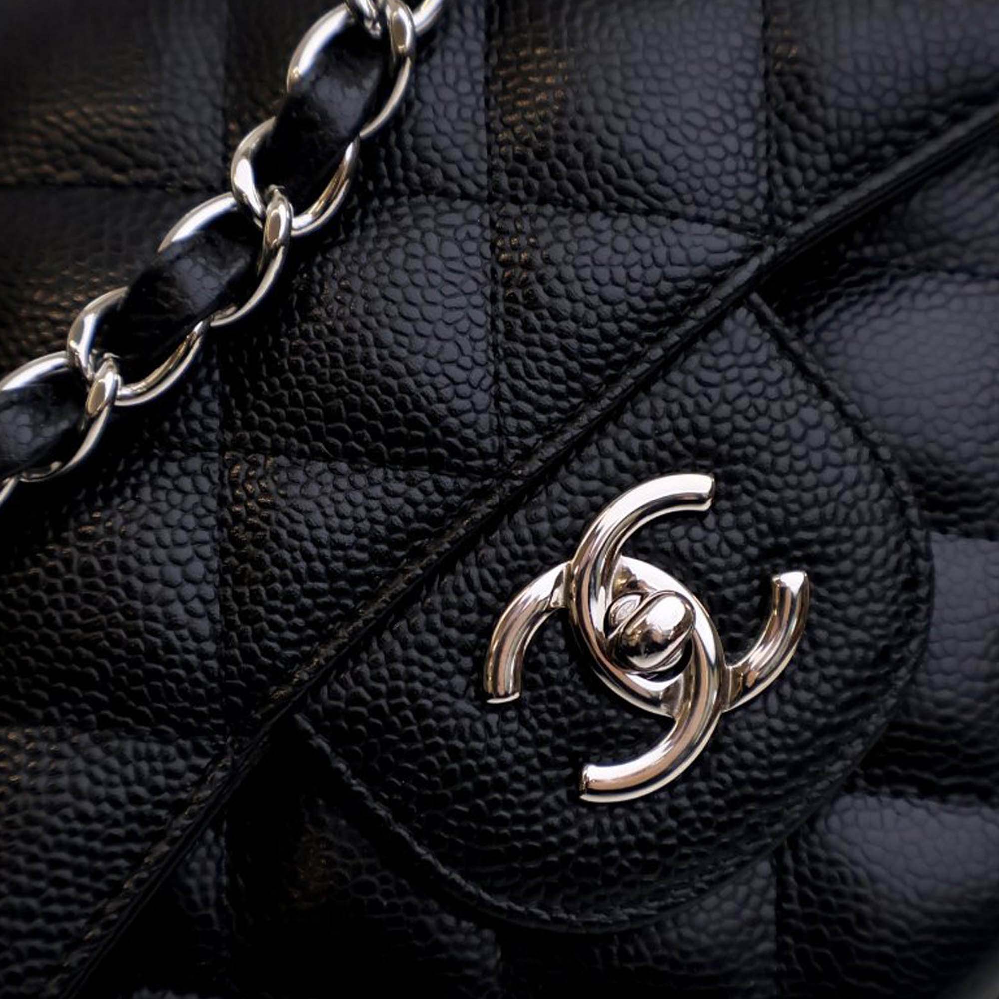 Chanel Black Leather Jumbo Classic Caviar Double Flap Bag