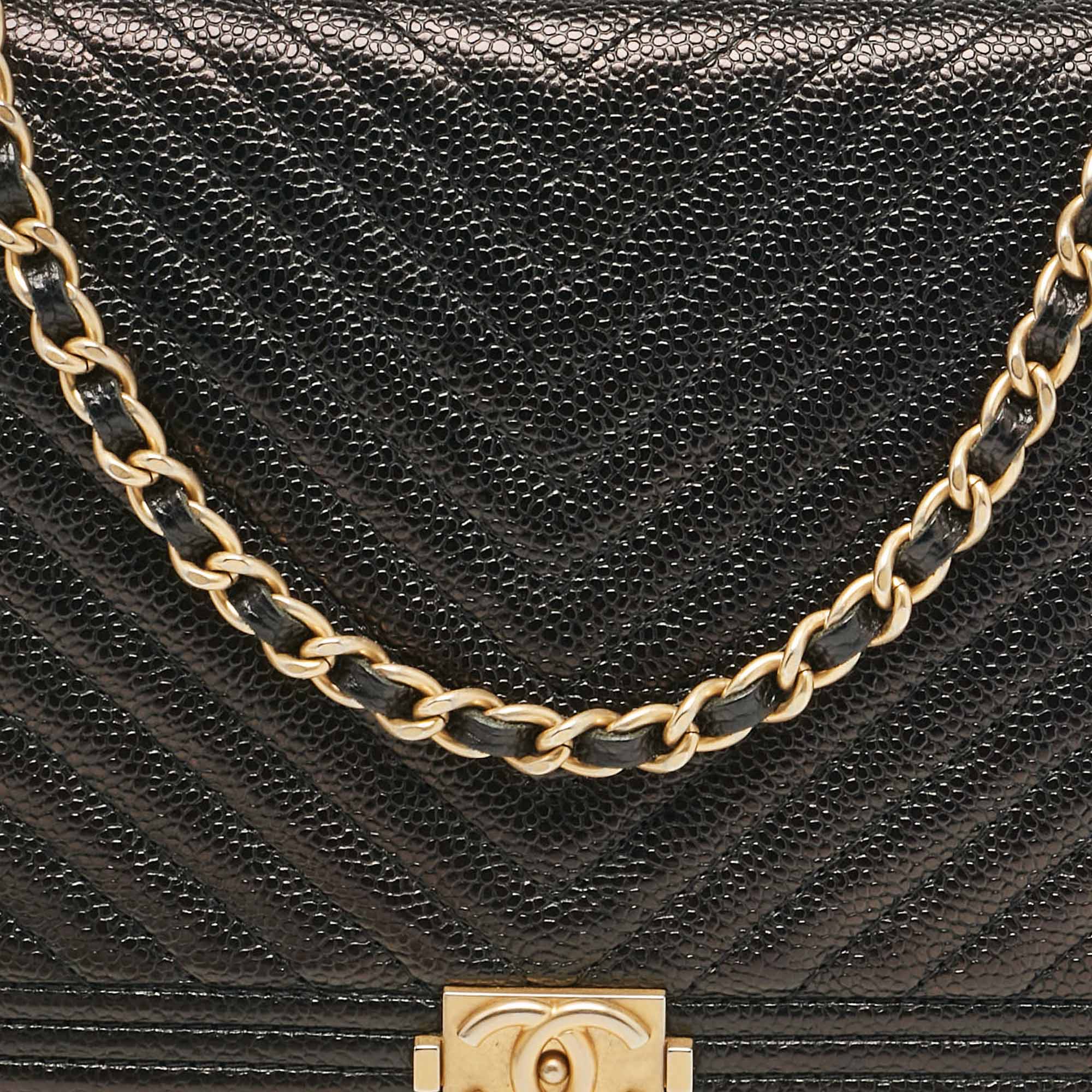 Chanel Black Chevron Caviar Leather Boy Wallet On Chain