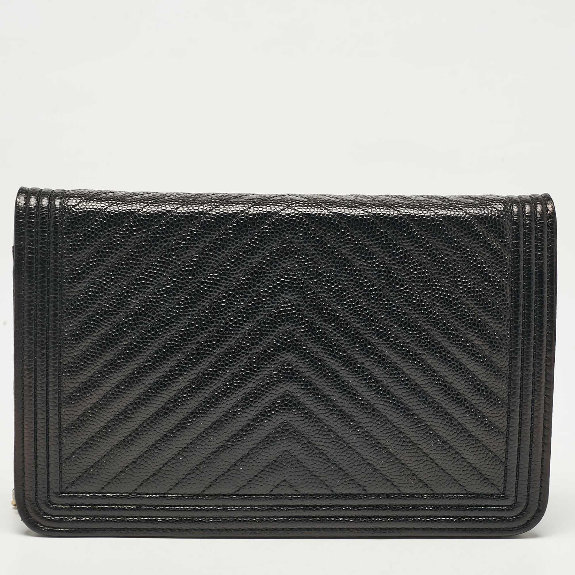 Chanel Black Chevron Caviar Leather Boy Wallet On Chain