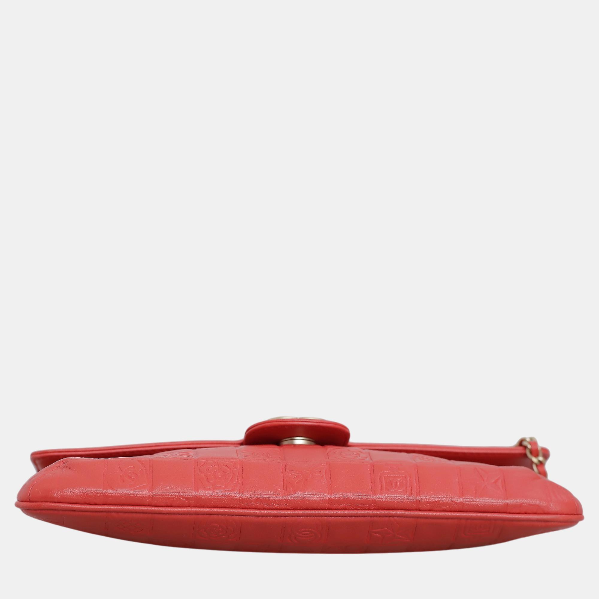 Chanel Red, Coral Lambskin Leather Precious Symbols Flap Shoulder Bag