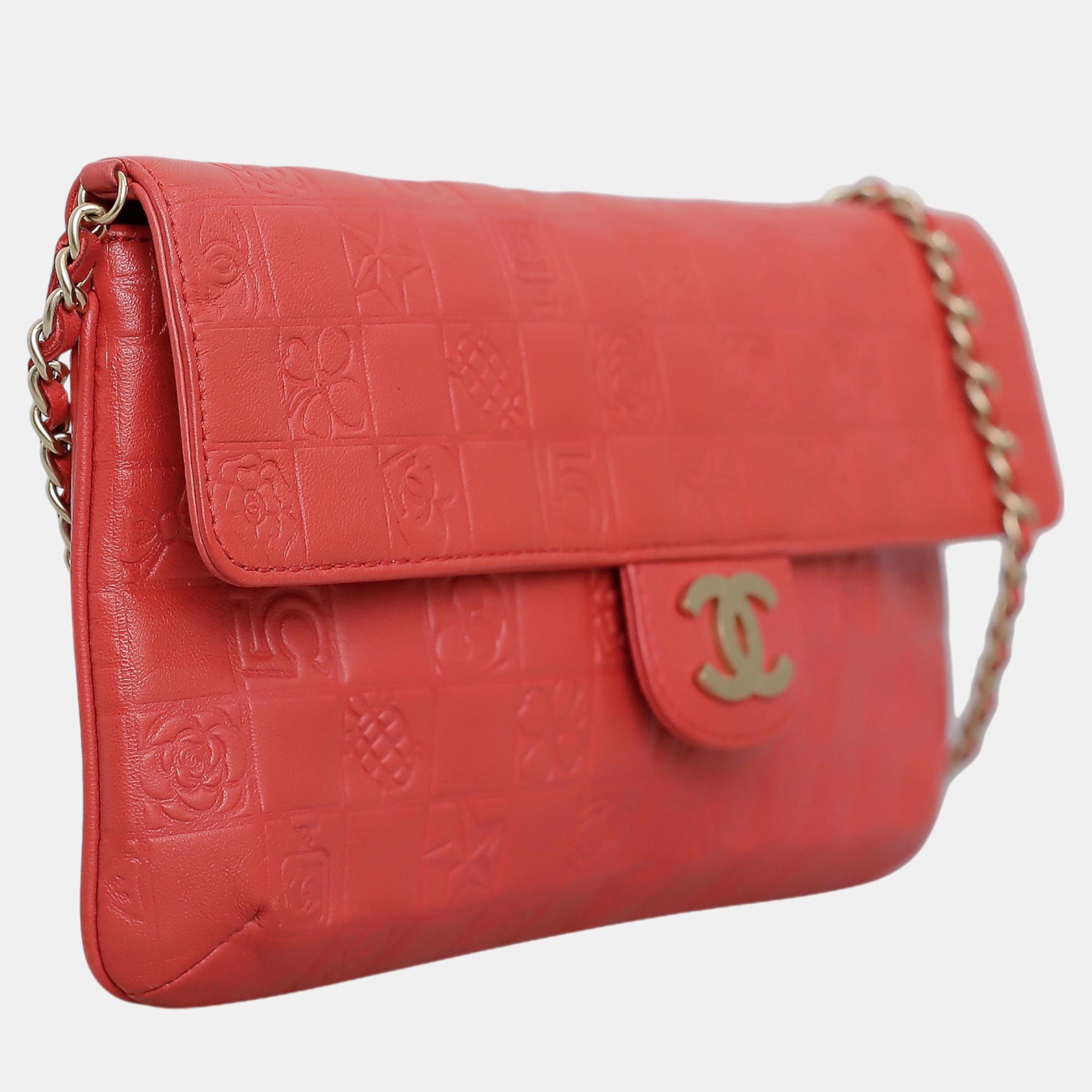 Chanel Red, Coral Lambskin Leather Precious Symbols Flap Shoulder Bag