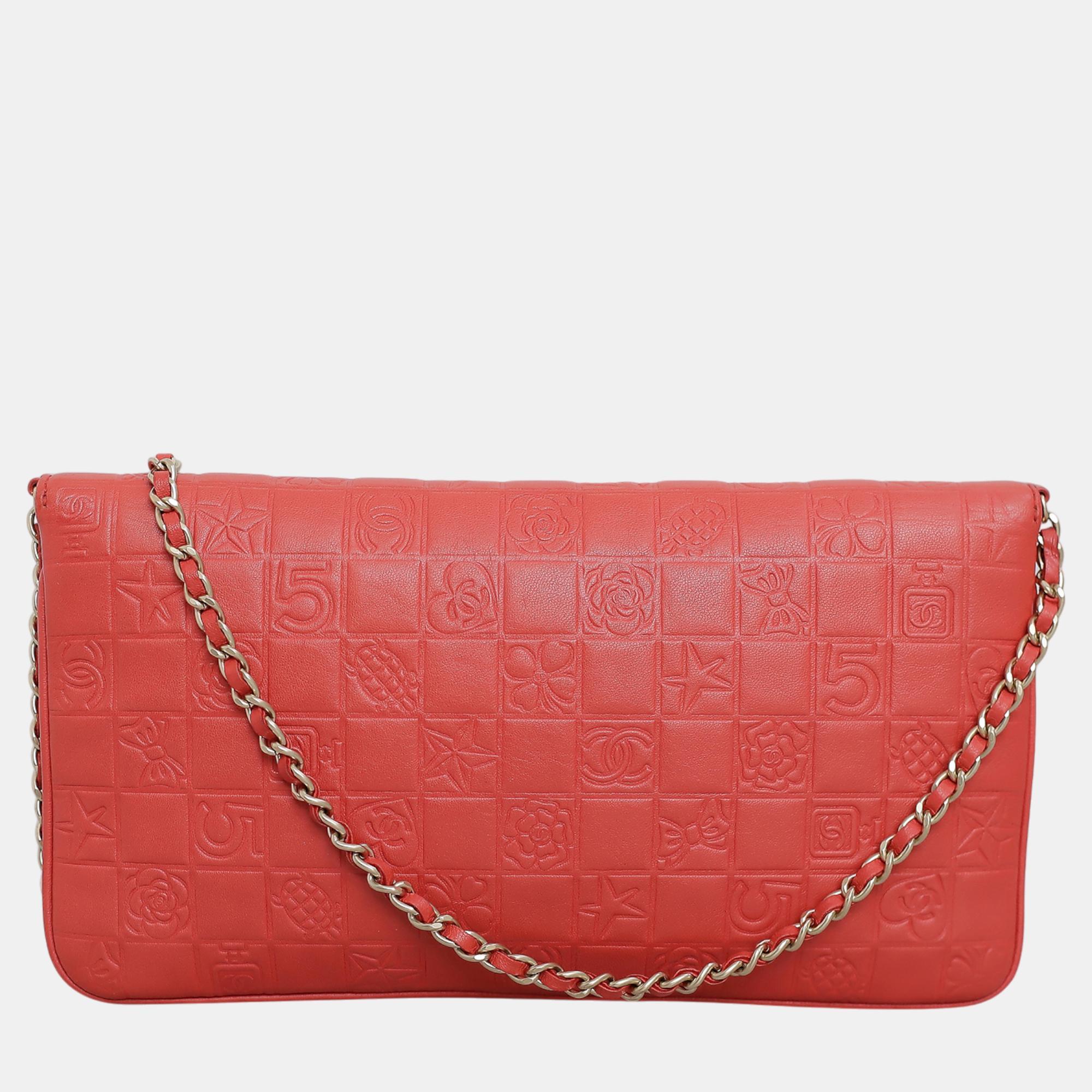 Chanel Red, Coral Lambskin Leather Precious Symbols Flap Shoulder Bag