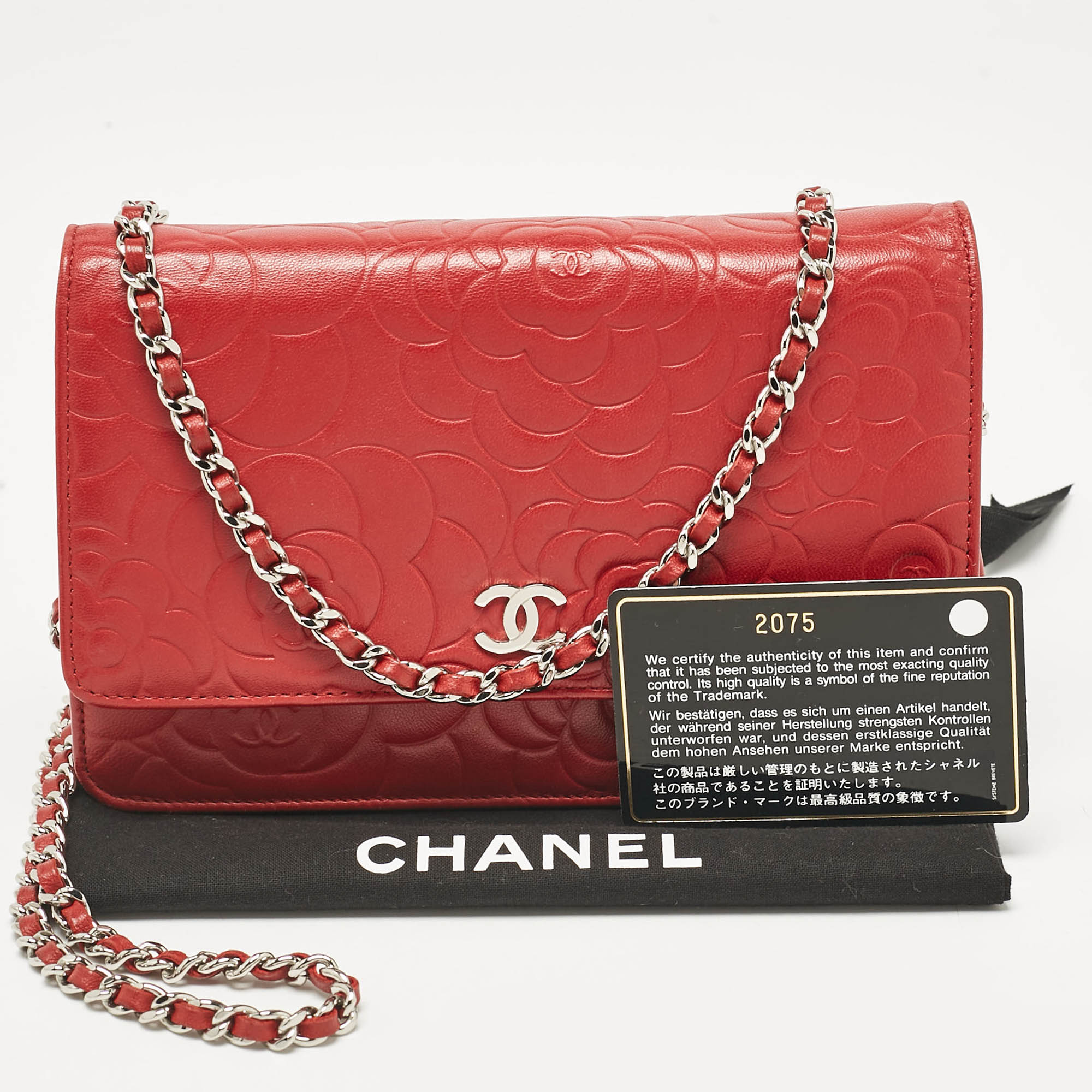 Chanel Red Leather Camellia Wallet On Chain