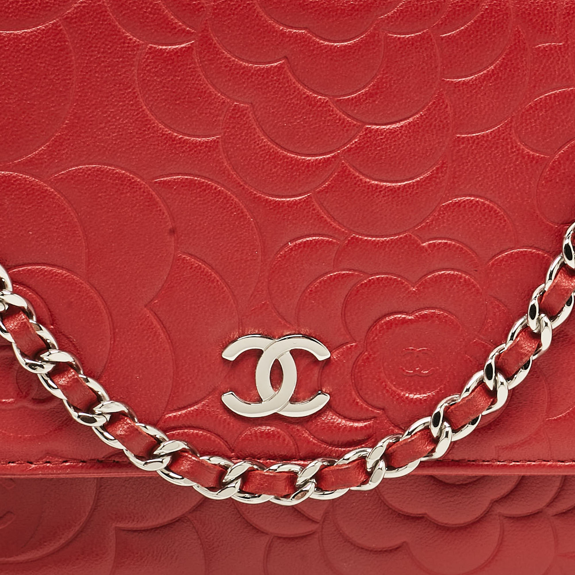 Chanel Red Leather Camellia Wallet On Chain