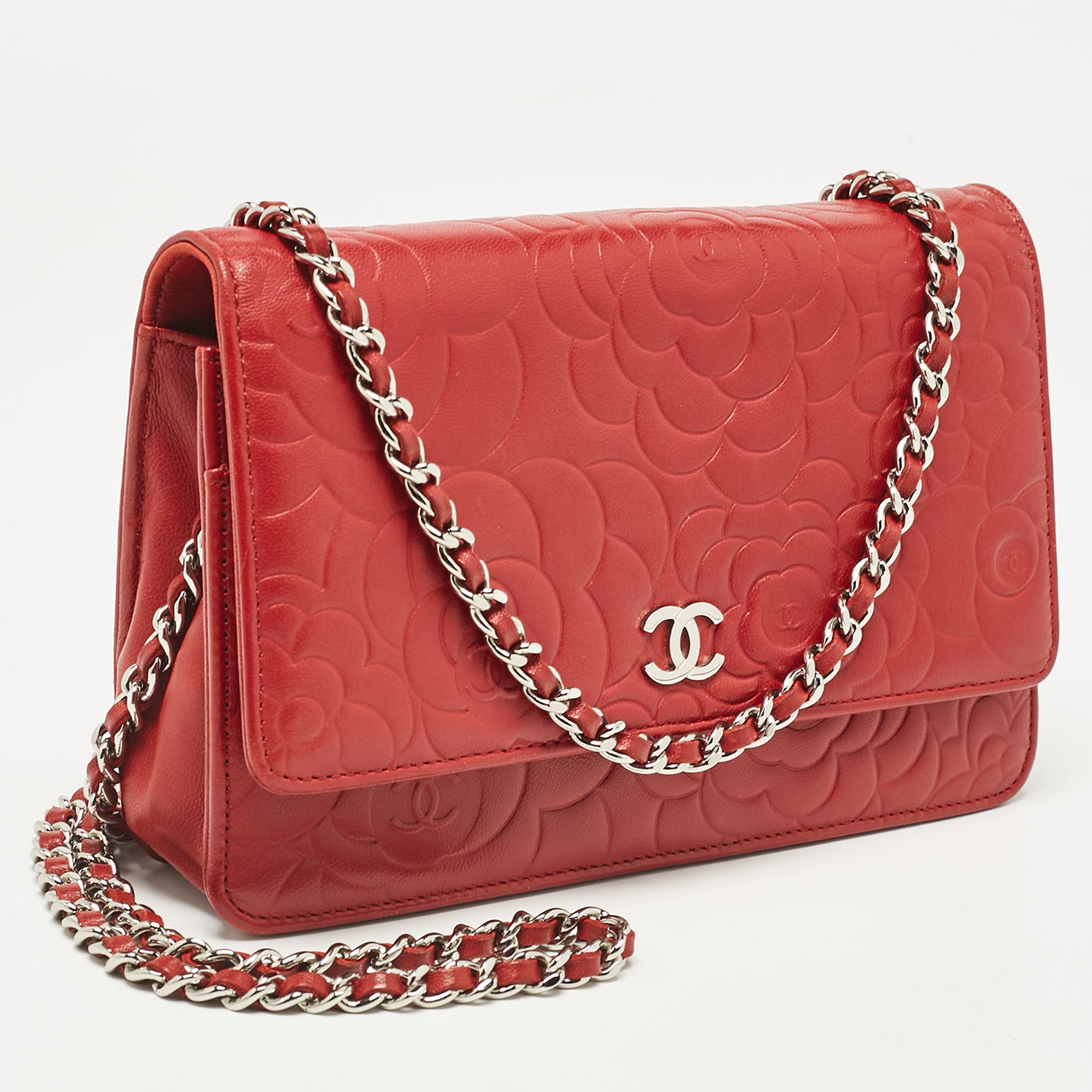 Chanel Red Leather Camellia Wallet On Chain