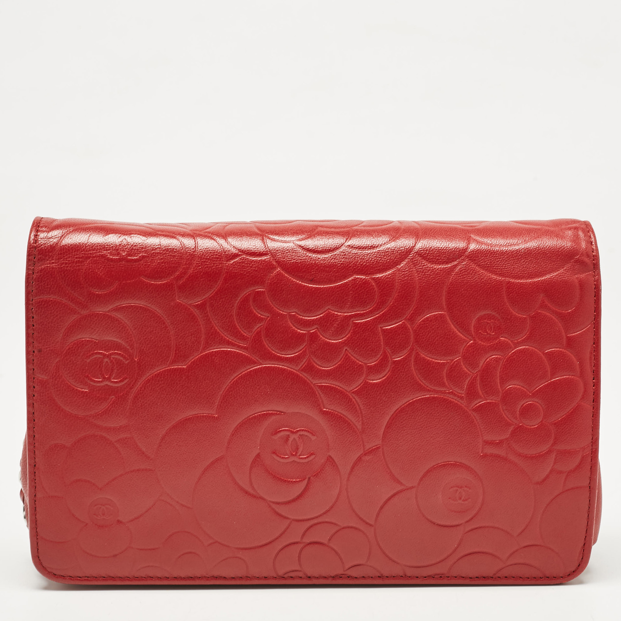 Chanel Red Leather Camellia Wallet On Chain