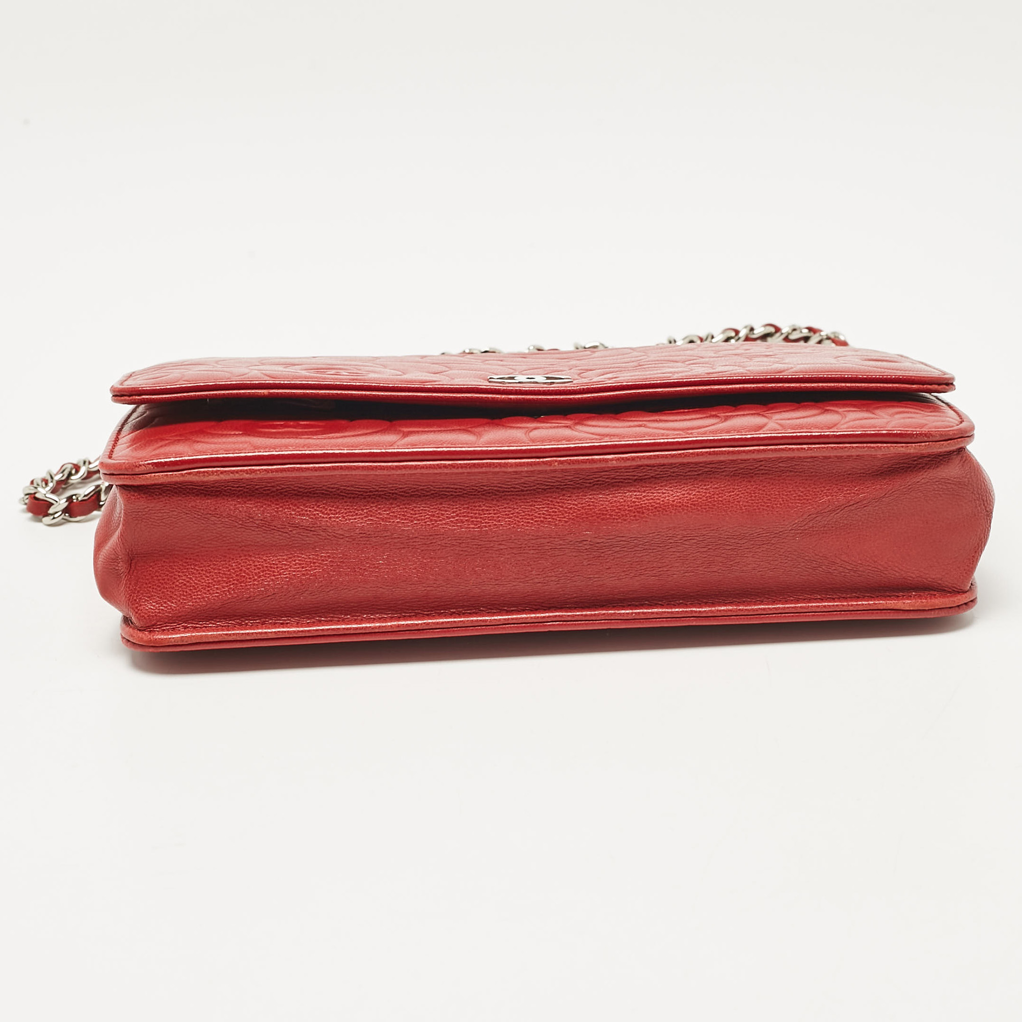 Chanel Red Leather Camellia Wallet On Chain