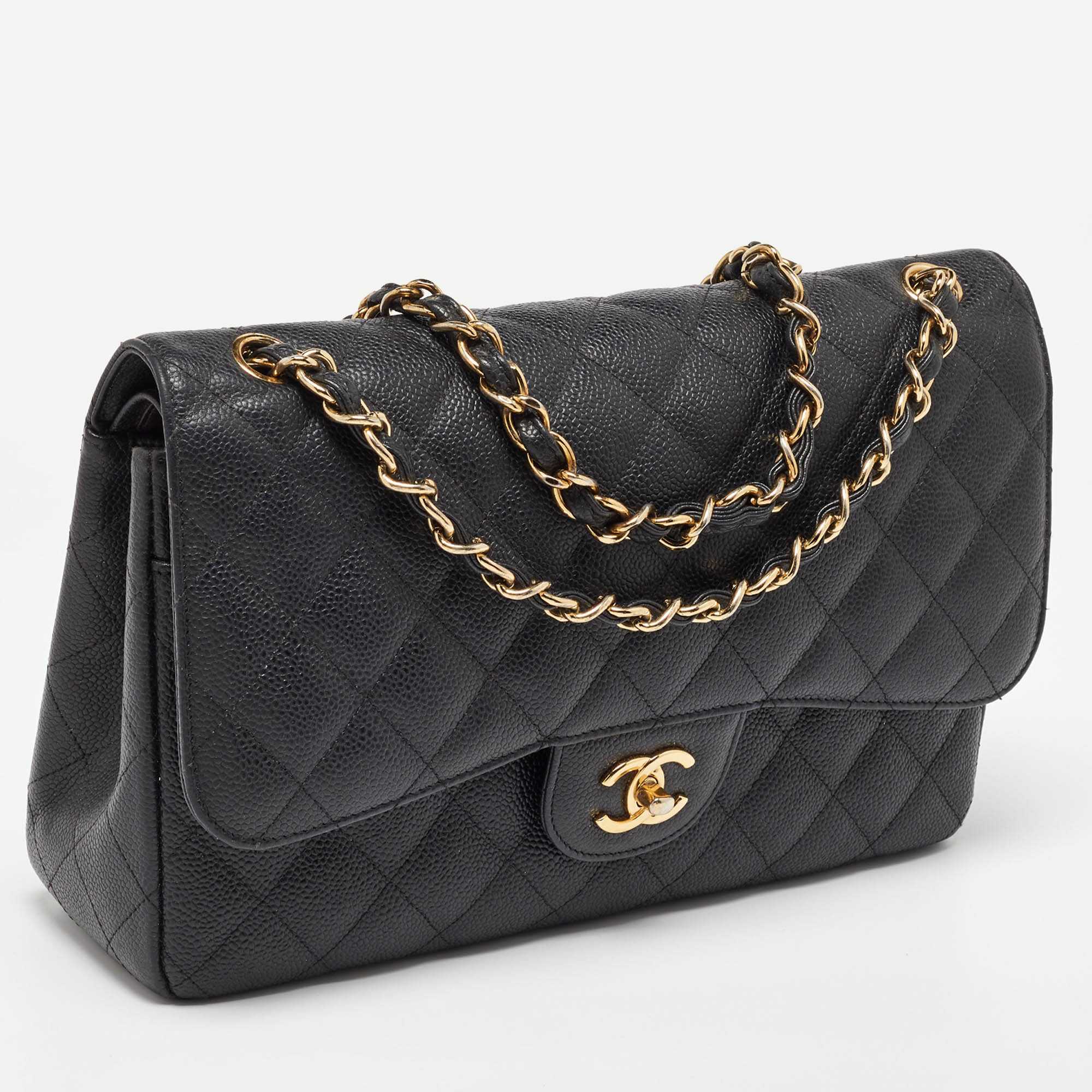 Chanel Black Caviar Quilted Leather Jumbo Classic Double Flap Bag