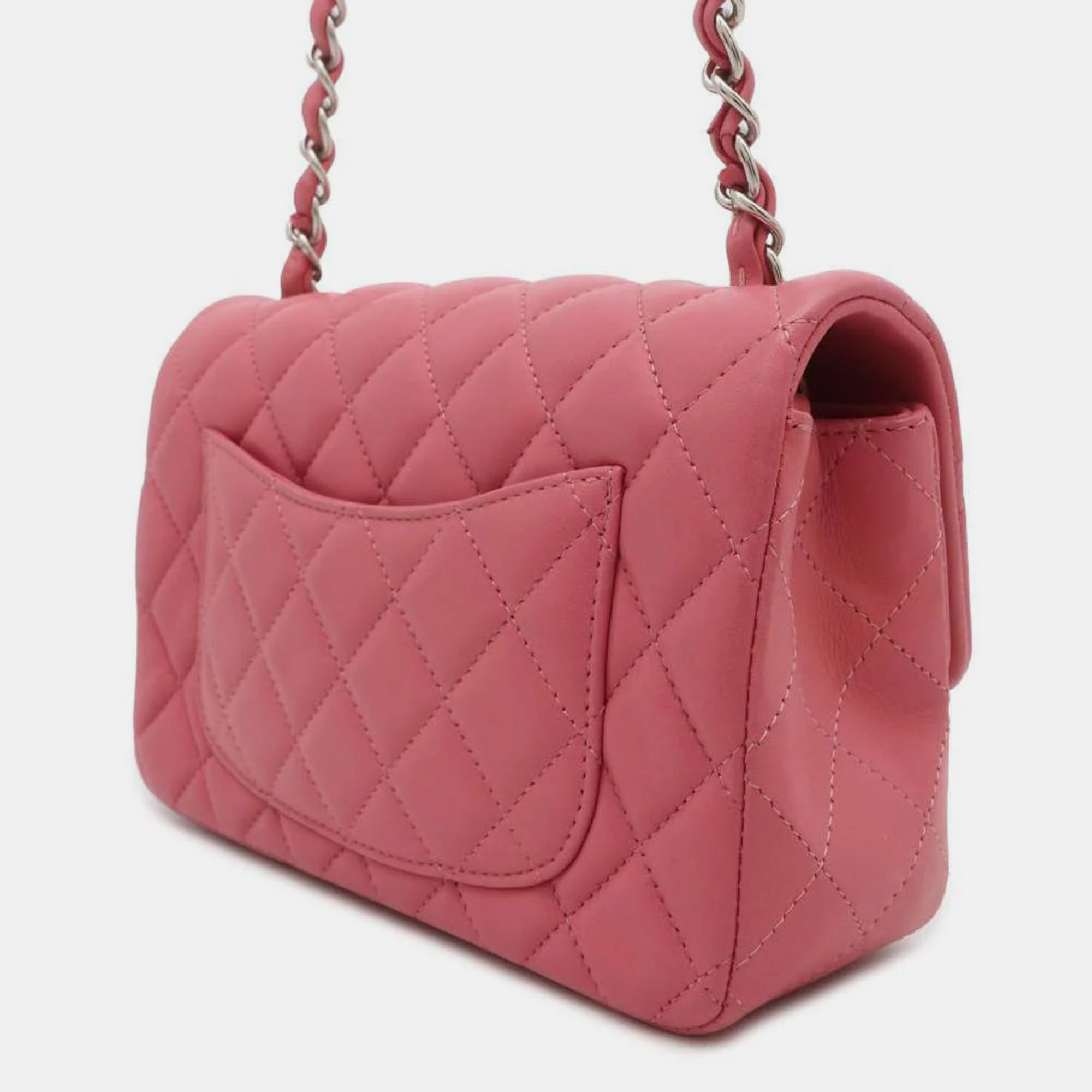 Chanel Pink Lambskin  Mini Matelasse Chain Shoulder Bag Size Mini