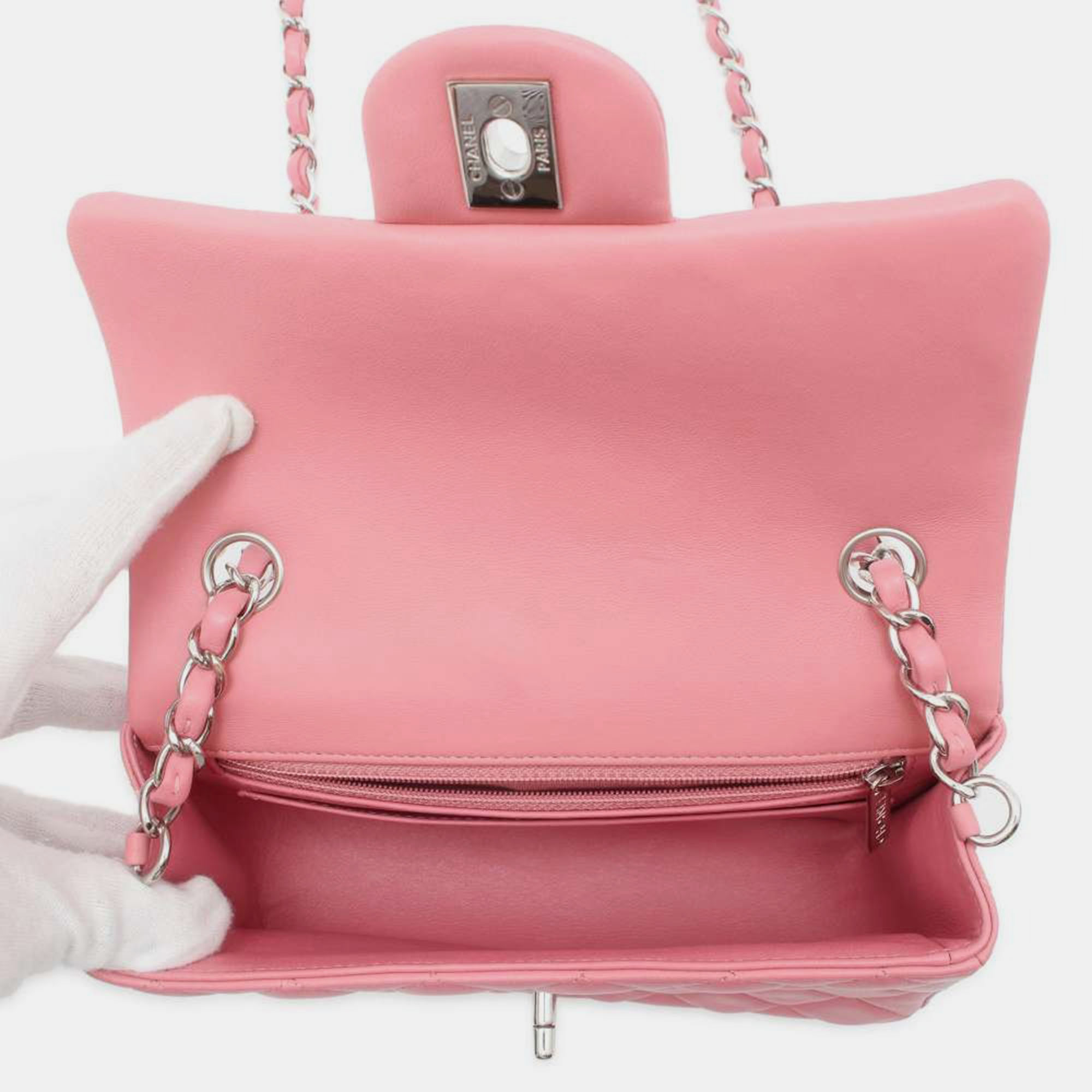 Chanel Pink Lambskin  Mini Matelasse Chain Shoulder Bag Size Mini