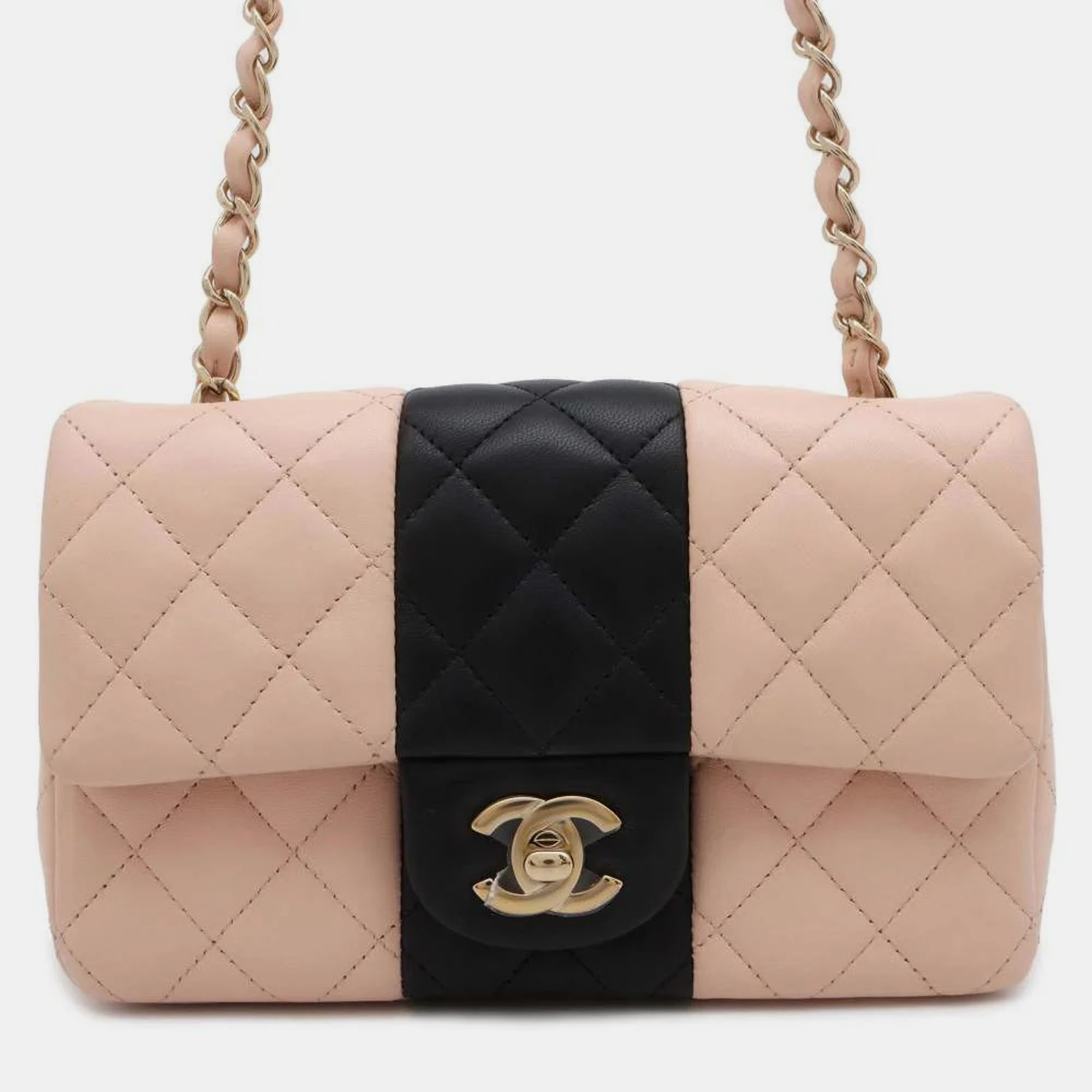 Chanel Pink/Black Lambskin Mini Matelasse Chain Shoulder Bag Size 20