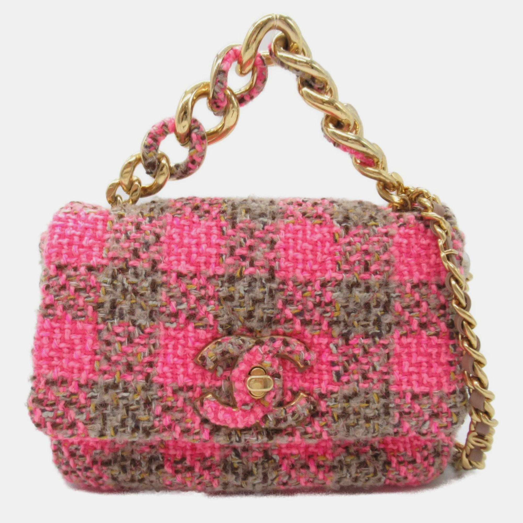 Chanel Pink Brown Tweed Chain Shoulder Bag