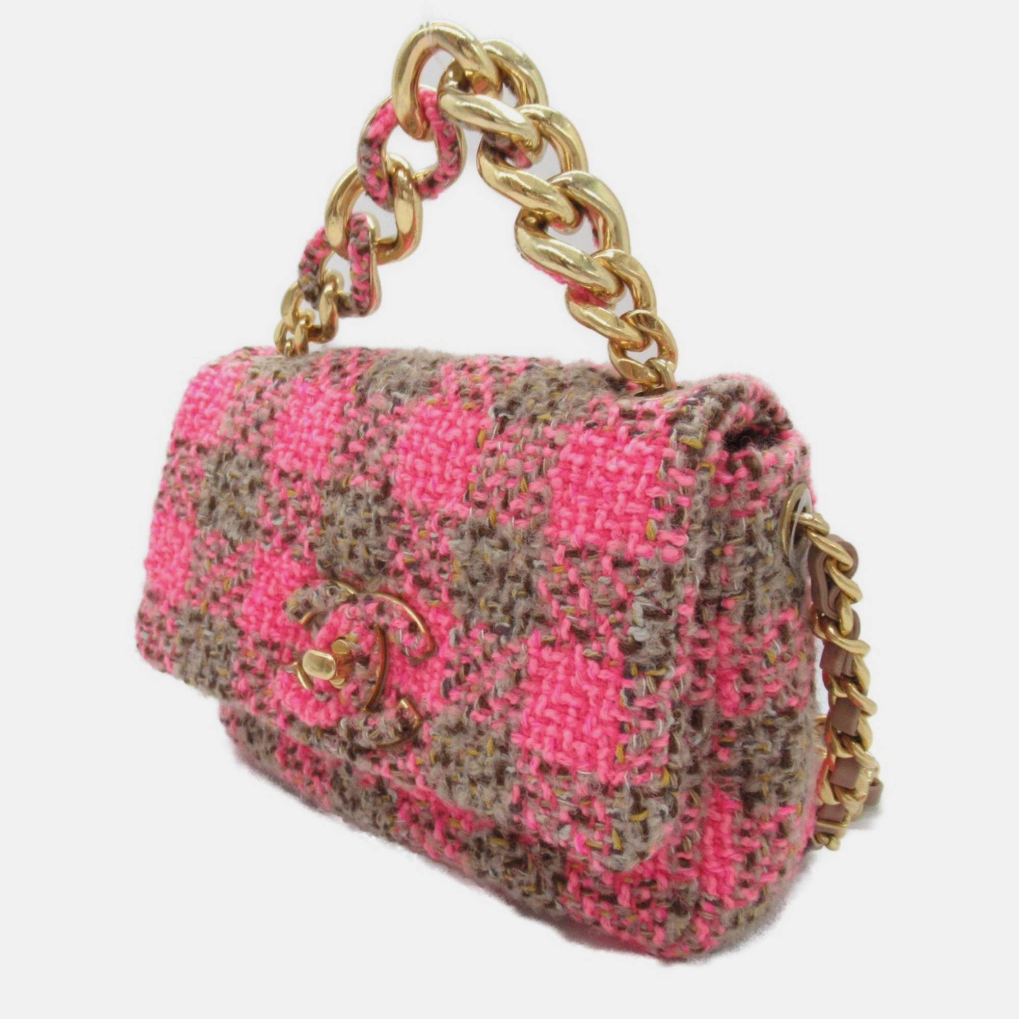 Chanel Pink Brown Tweed Chain Shoulder Bag