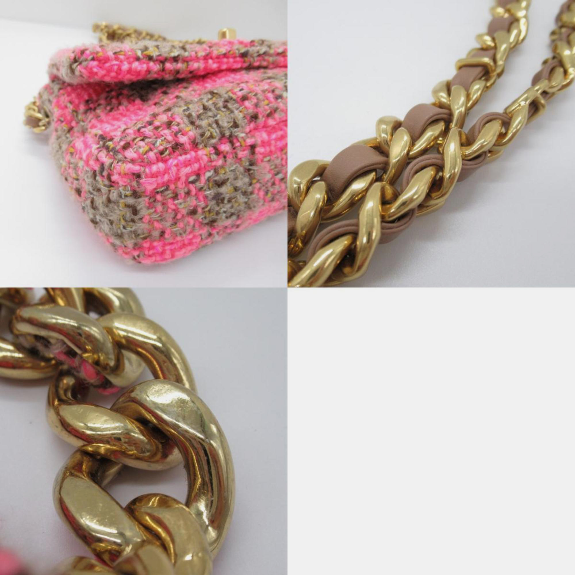 Chanel Pink Brown Tweed Chain Shoulder Bag