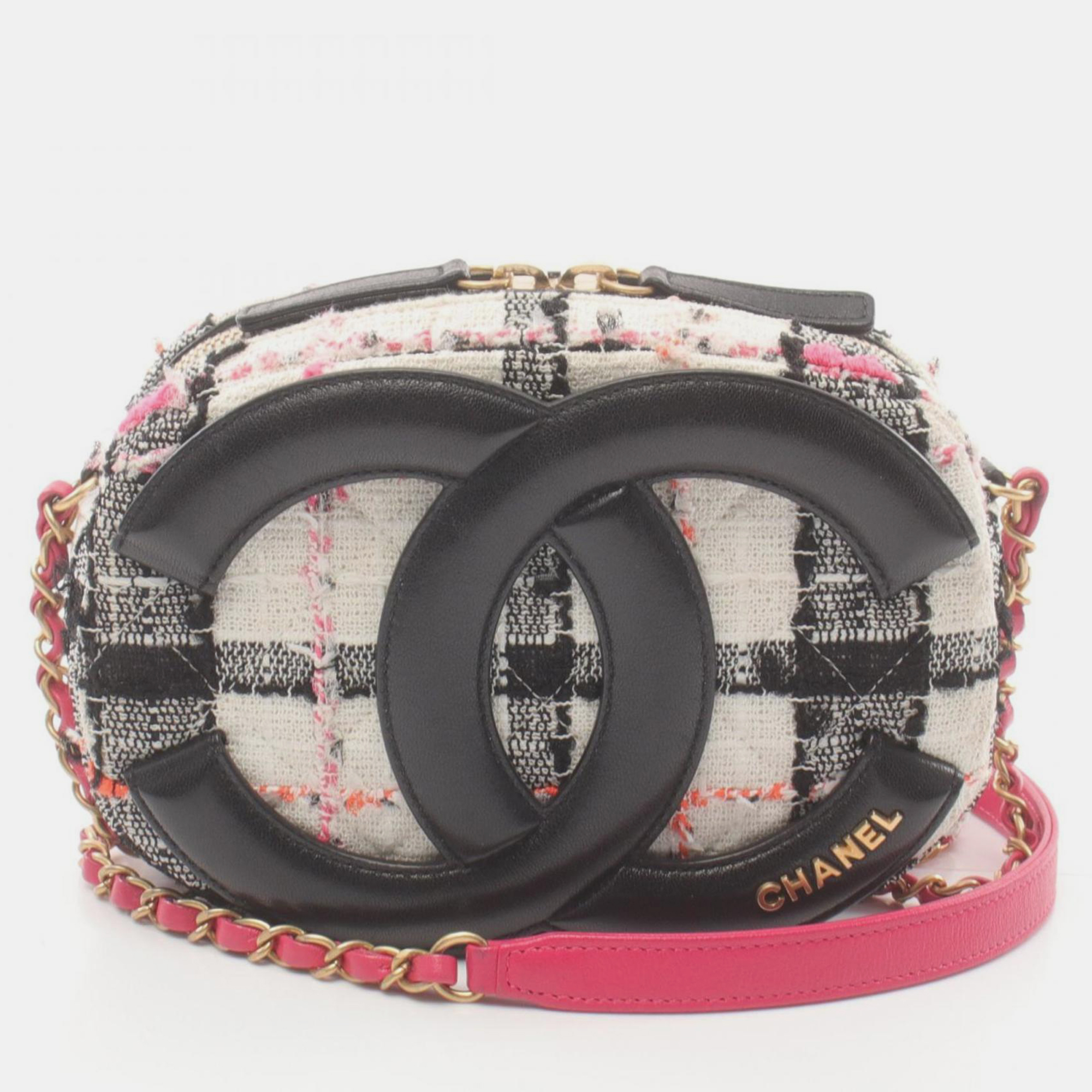 Chanel White Black Multicolor Fabric Leather Coco Mark Shoulder Bag