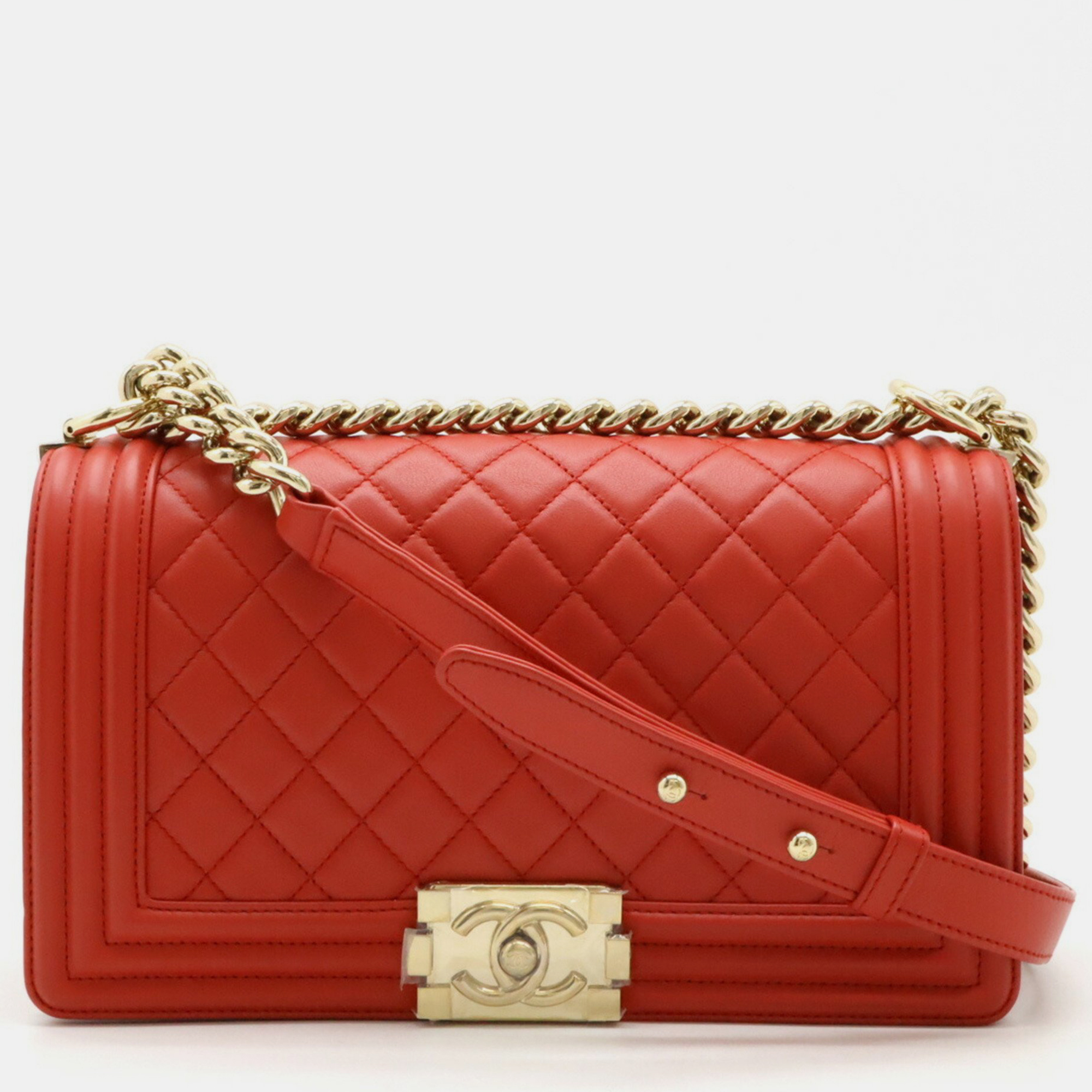 Chanel Red Leather Boy Chanel Matelasse Coco Mark Chain Shoulder Bag