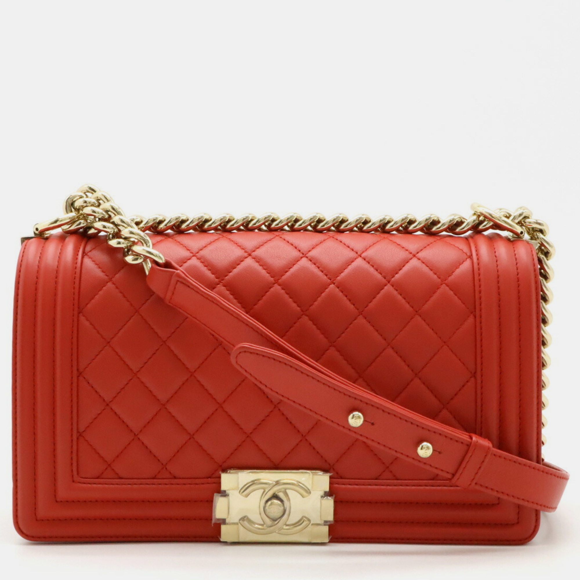 Chanel Red Leather Boy Chanel Matelasse Coco Mark Chain Shoulder Bag