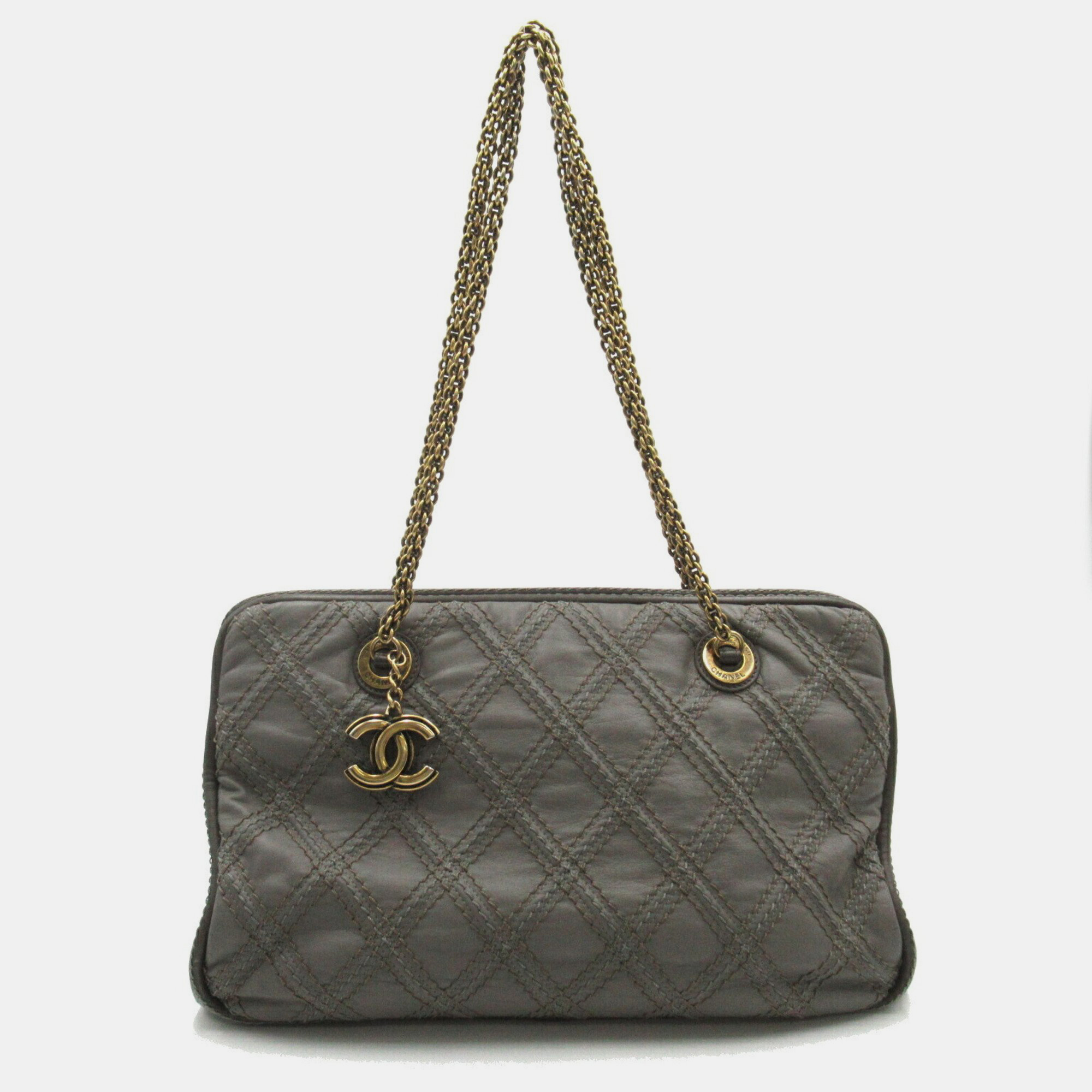 Chanel Grey Leather Chain Shoulder Bag