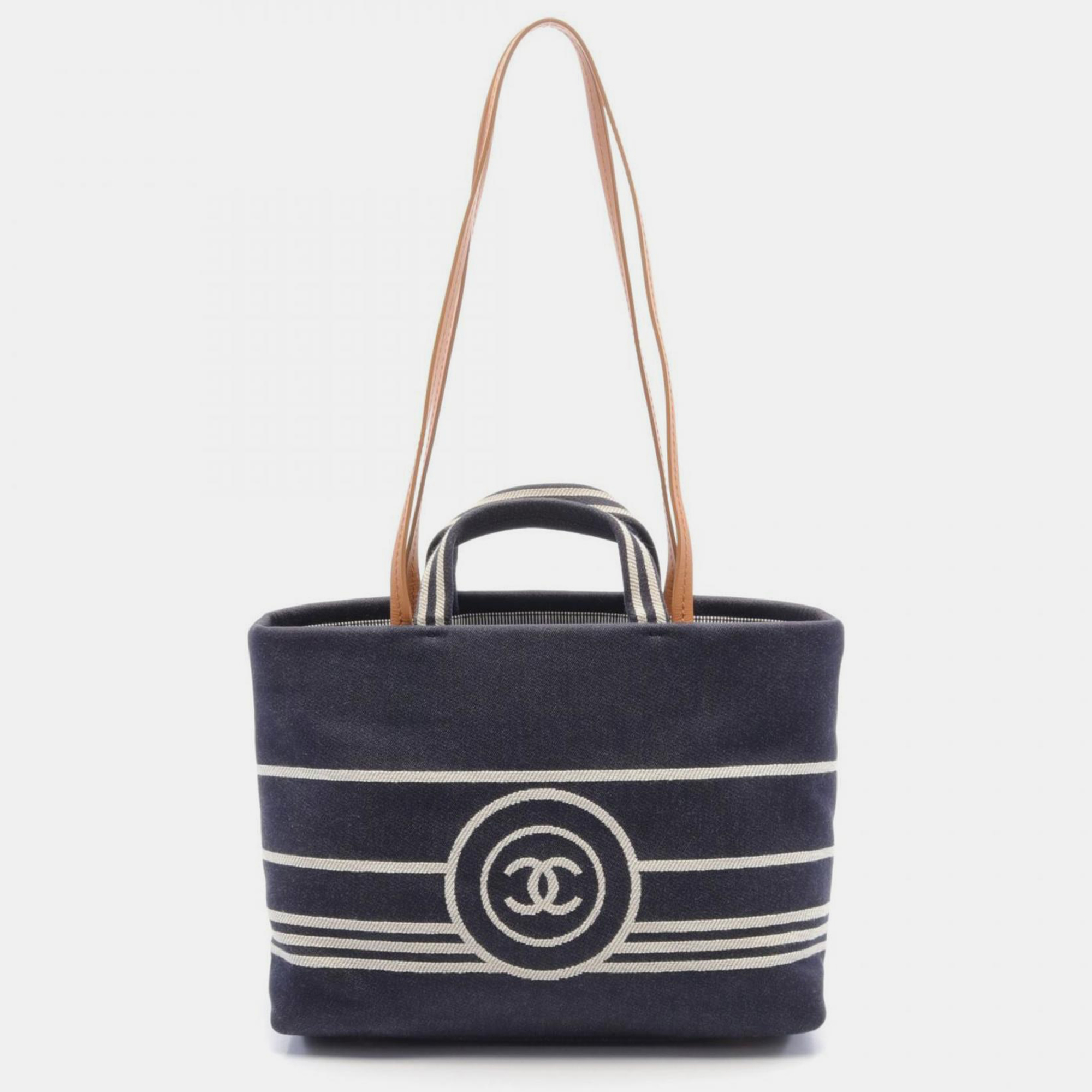 Chanel Navy White Brown Denim Leather Coco Mark Tote Bag