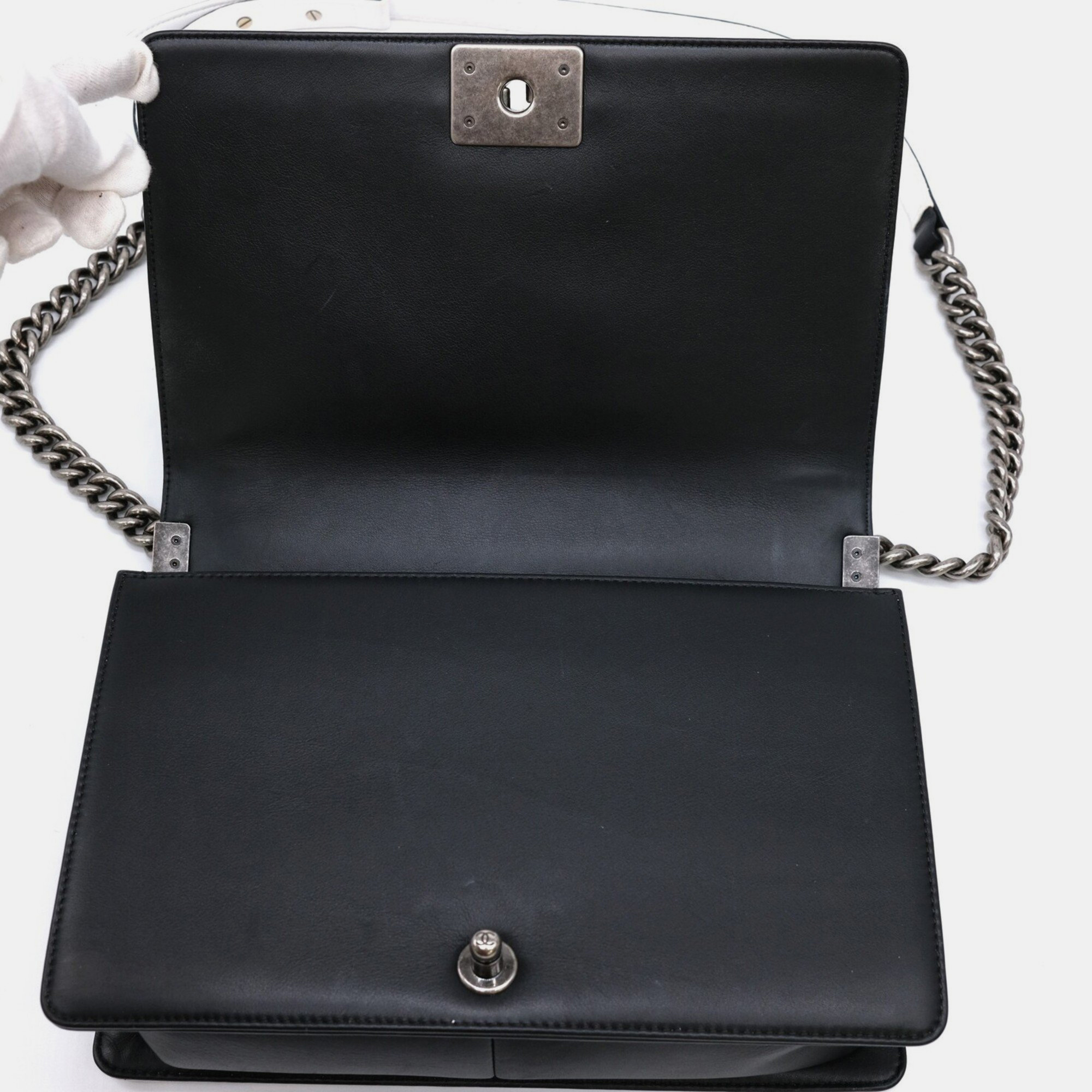 Chanel Black White Seal Lambskin Boy Chanel Chain Shoulder Bag