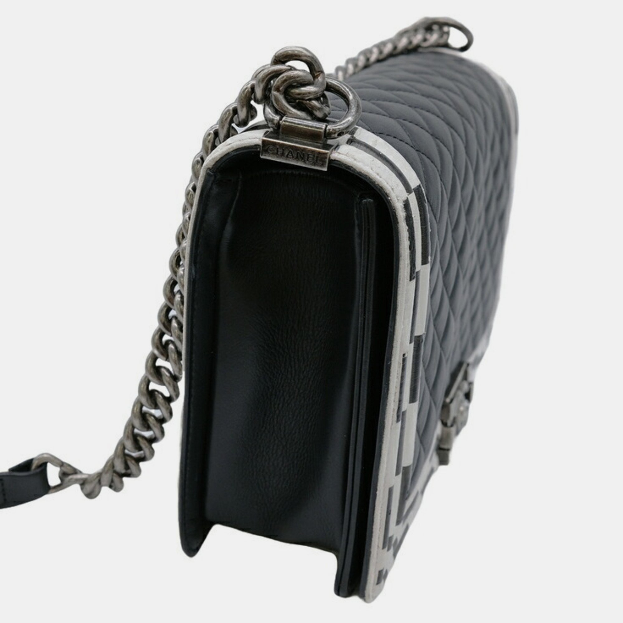 Chanel Black White Seal Lambskin Boy Chanel Chain Shoulder Bag