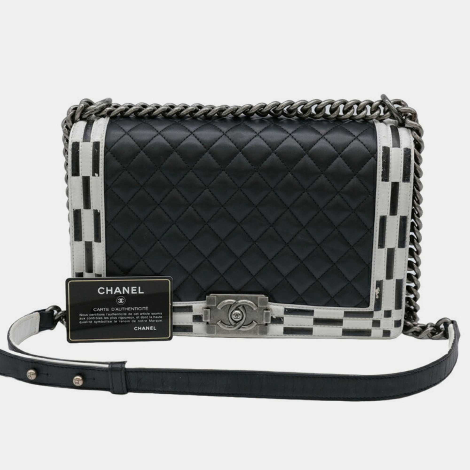 Chanel Black White Seal Lambskin Boy Chanel Chain Shoulder bag