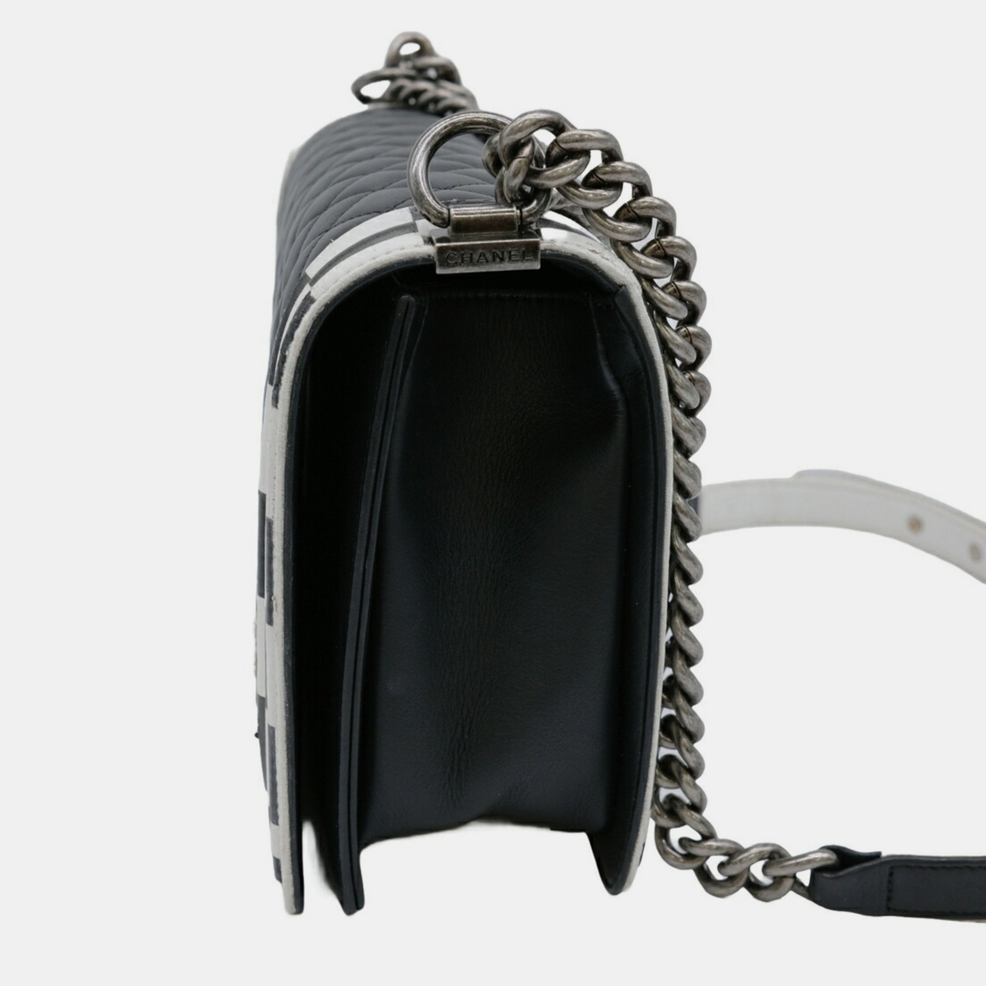 Chanel Black White Seal Lambskin Boy Chanel Chain Shoulder Bag