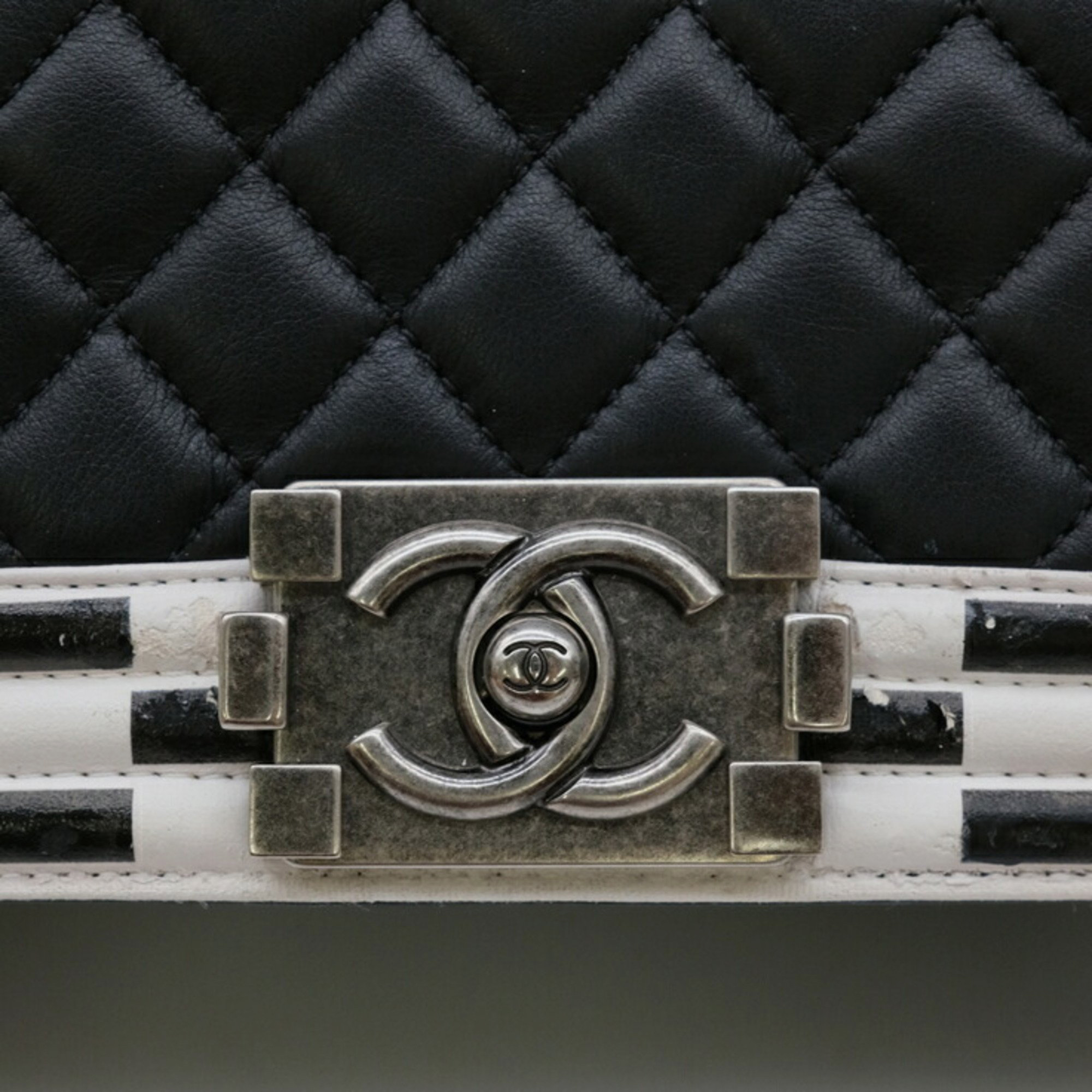 Chanel Black White Seal Lambskin Boy Chanel Chain Shoulder Bag